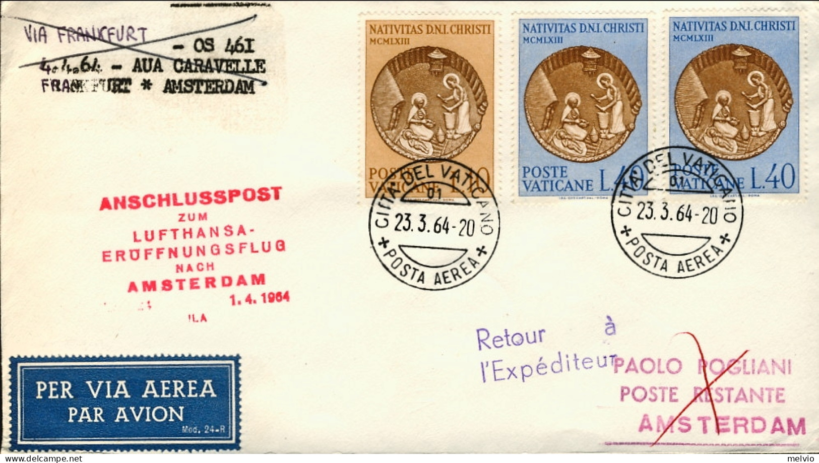 Vaticano-1966 I^volo Lufthansa Francoforte Amsterdam Del 1 Aprile - Poste Aérienne