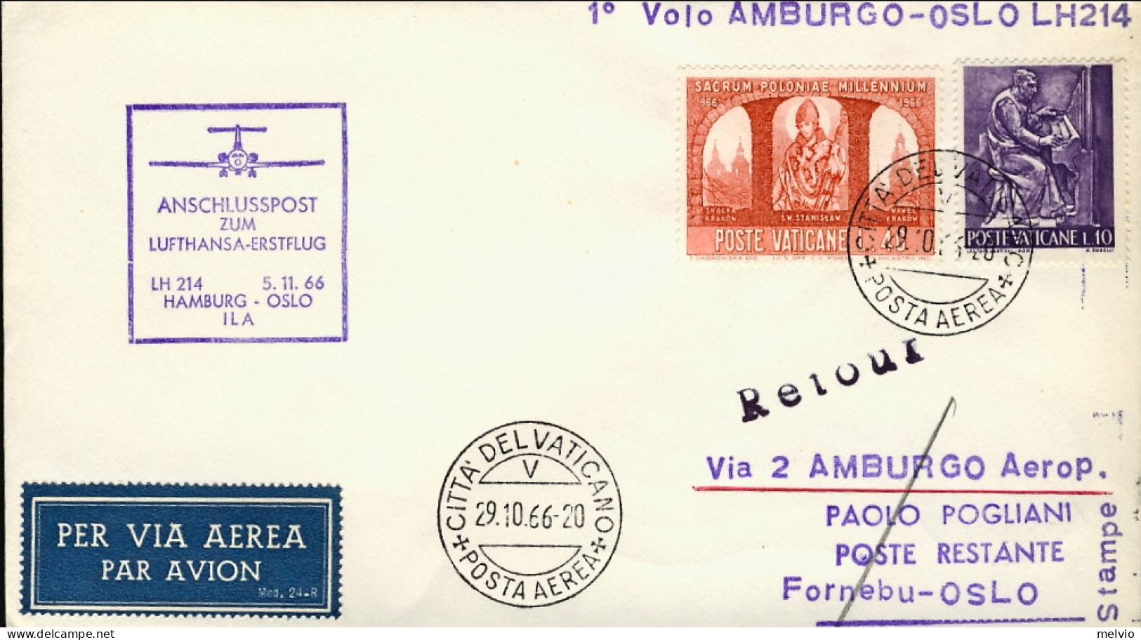 Vaticano-1966 I^volo Lufthansa Amburgo Oslo Del 5 Novembre - Poste Aérienne