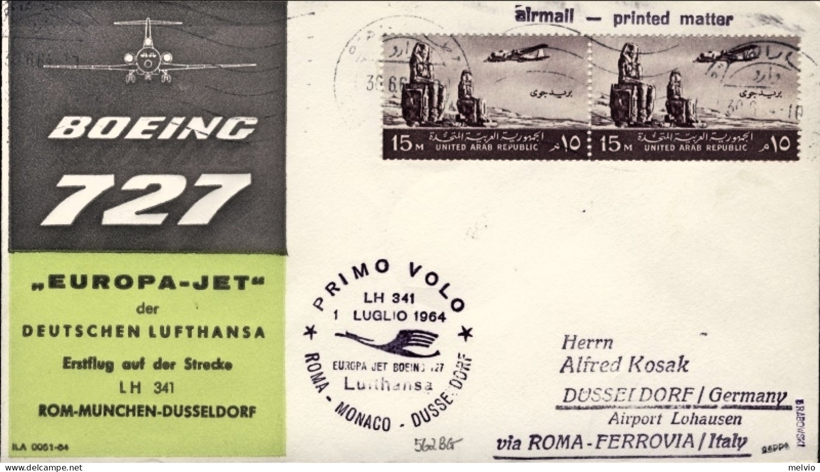 1964-Egitto I^volo LH 331 Roma Dusseldorf Lufthansa Del 1 Luglio, Raro Il Dispac - Poste Aérienne