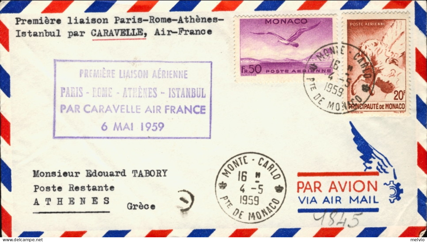 1959-Monaco Bollo Viola I^volo Air France Caravelle Montecarlo-Atene Del 6 Maggi - Covers & Documents