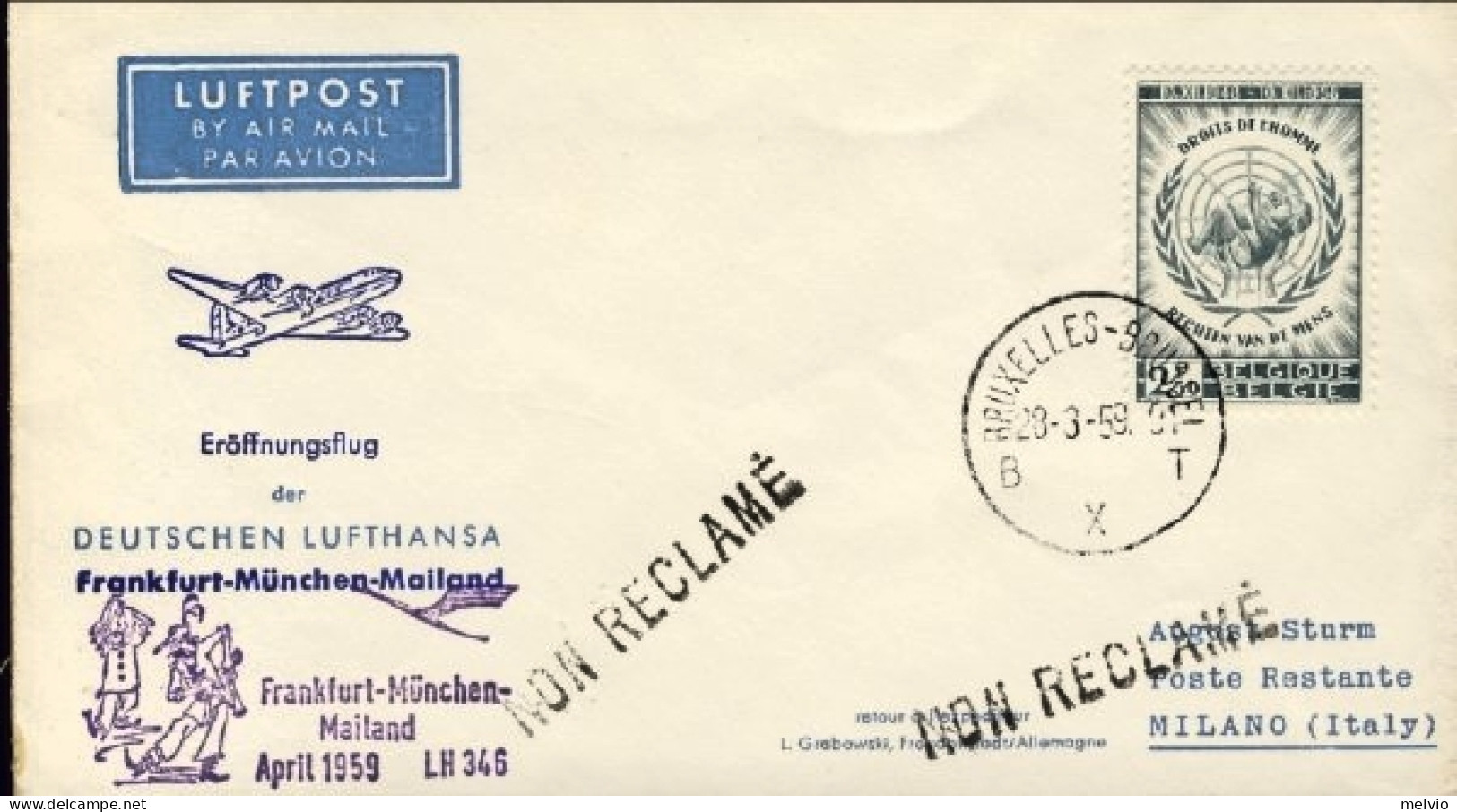 1959-Belgique Belgium Belgio I^volo Lufthansa Francoforte Milano Del 1 Aprile (2 - Briefe U. Dokumente