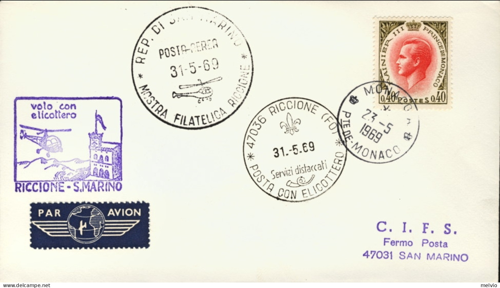 1969-Monaco Volo Con Elicottero Riccione San Marino Del 31 Maggio - Postmarks