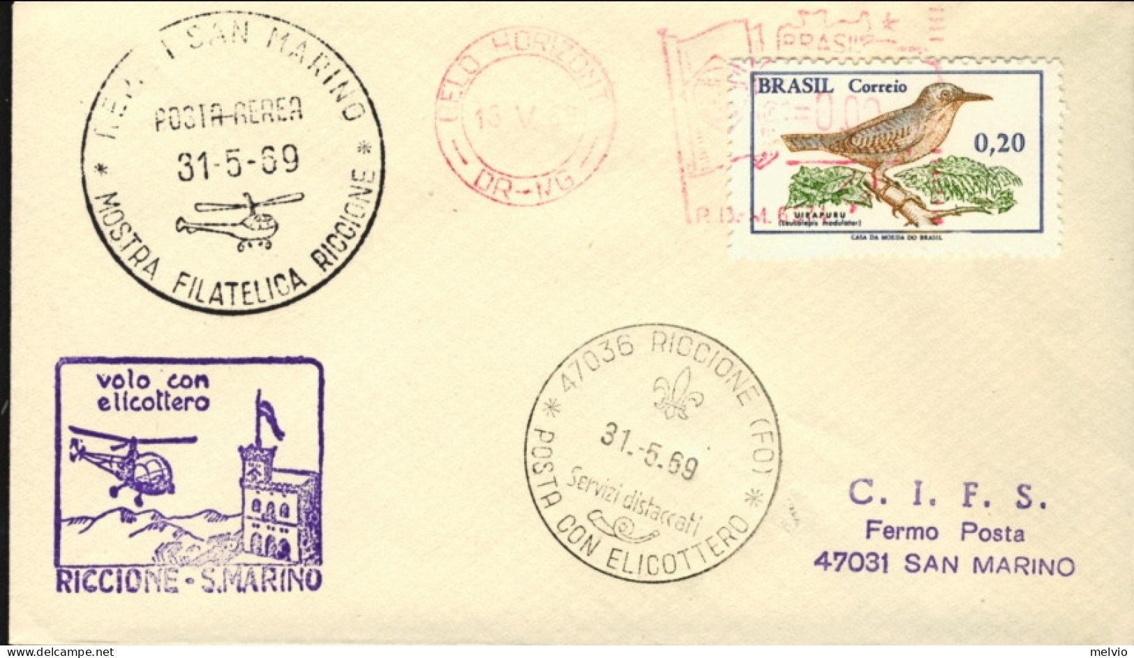 1969-Brasile Volo Con Elicottero Riccione San Marino Del 31 Maggio - Cartas & Documentos