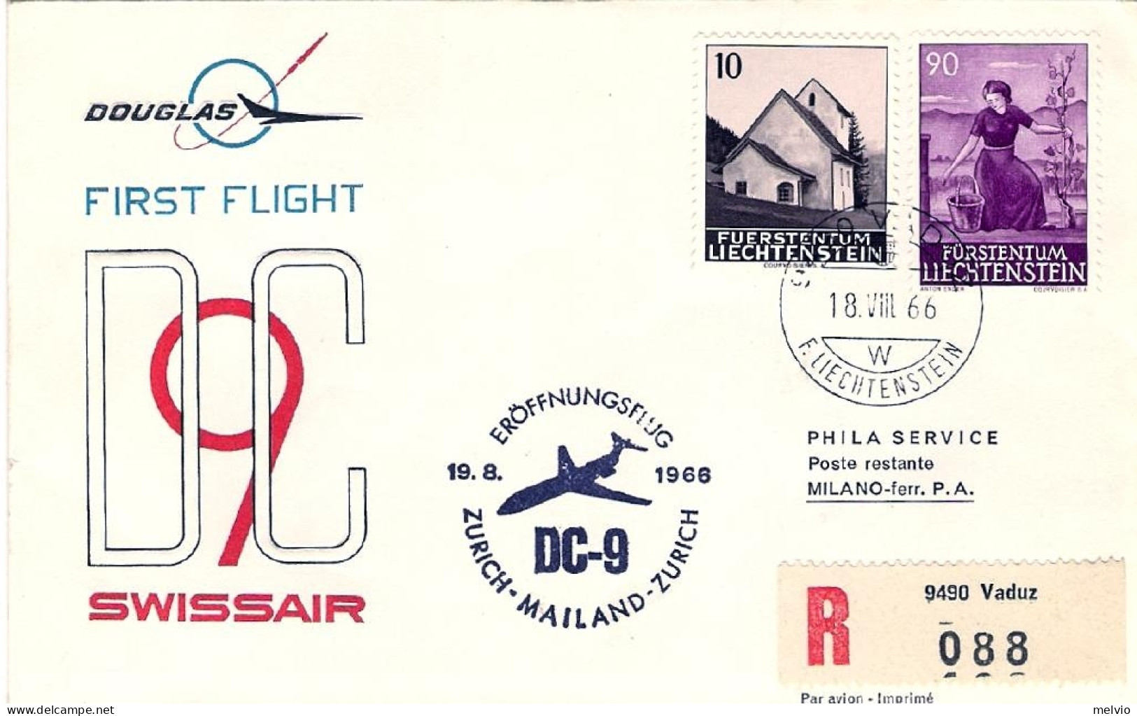 1966-Svizzera Raccomandata Illustrata I^volo Swissair Zurigo Milano Del19 Agosto - Luftpost