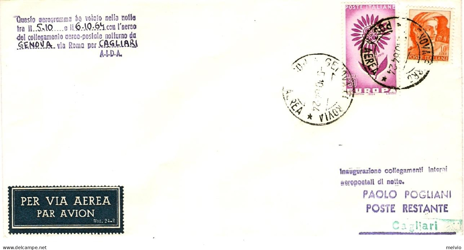 1964-collegamento Aereo Postale Alitalia Notturno Genova Cagliari Del 5 Ottobre - 1961-70: Marcophilia