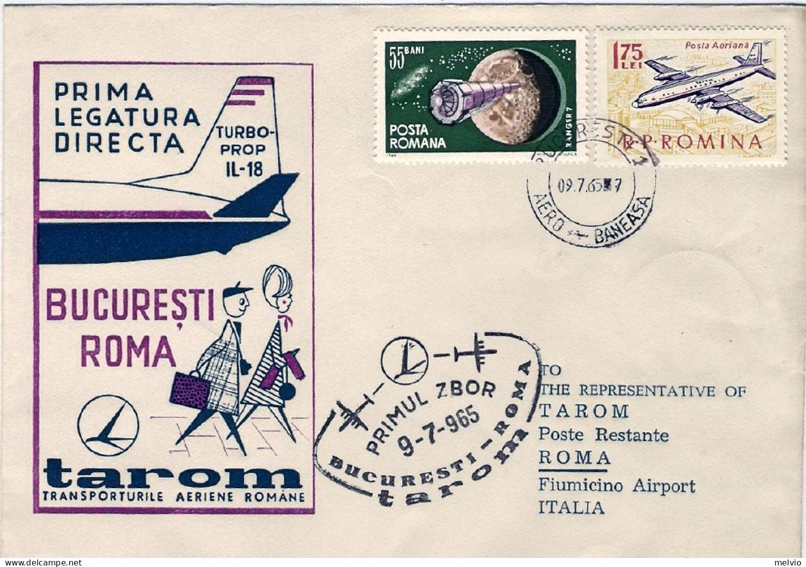 1965-Romania Tarom I^volo Diretto Bucarest (Bucharest) Roma Del 9 Luglio - Briefe U. Dokumente