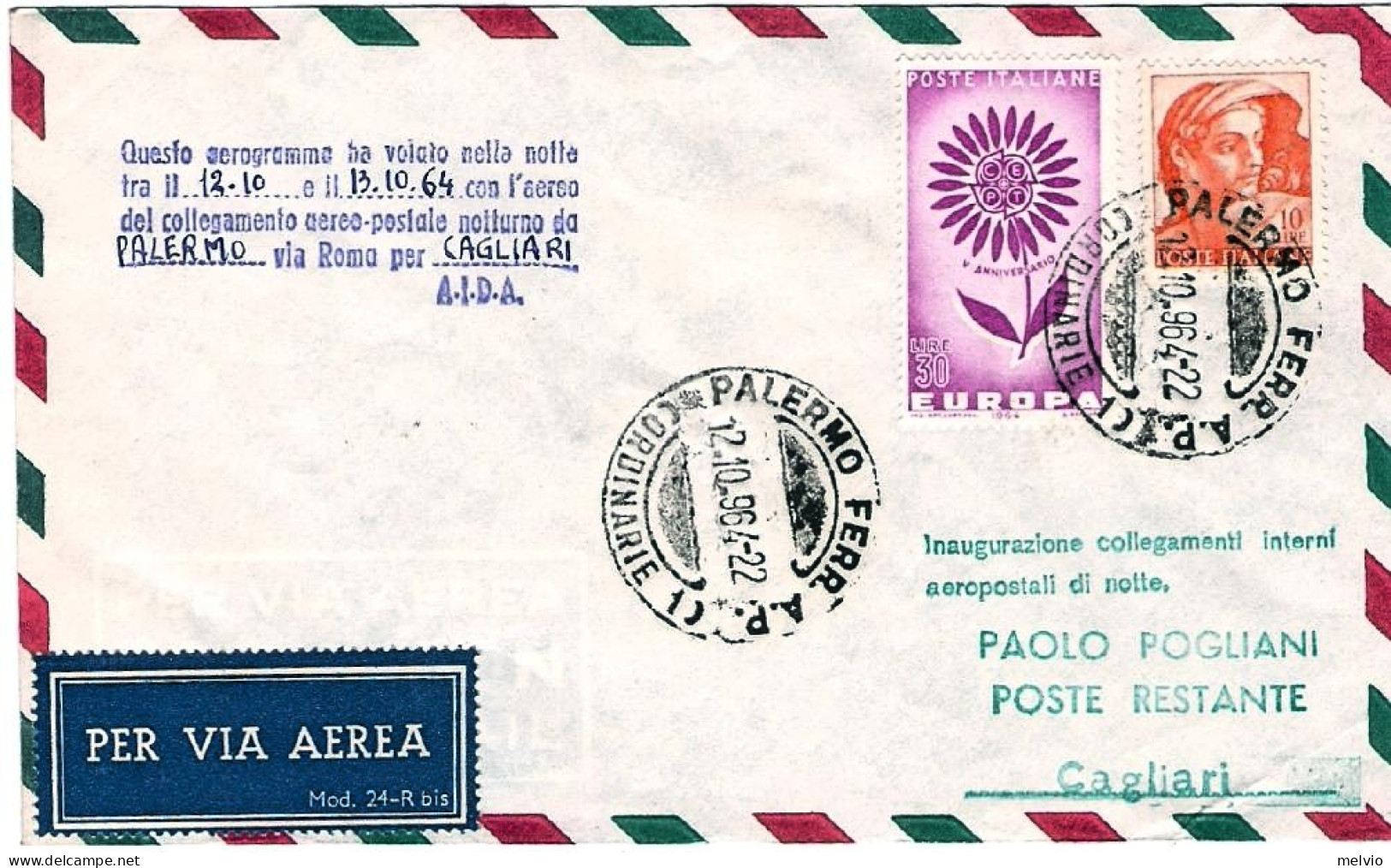 1964-collegamento Aereo Postale Alitalia Notturno Palermo Cagliari Del 12 Ottobr - 1961-70: Marcophilia