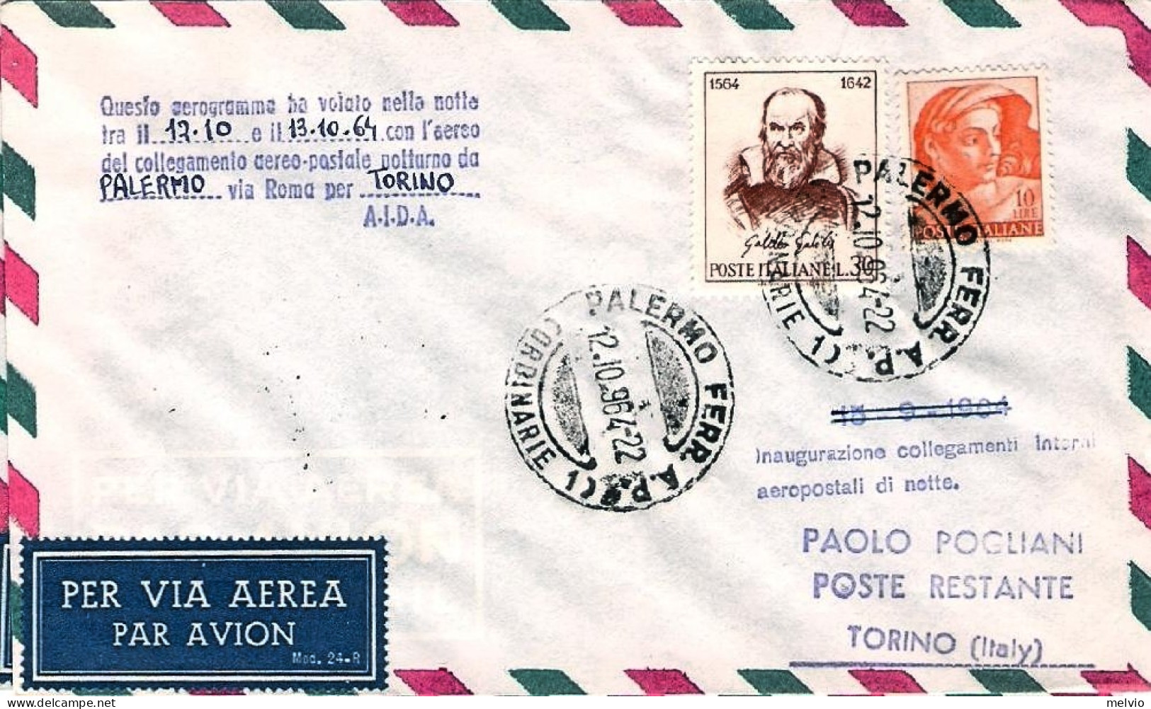 1964-collegamento Aereo Postale Alitalia Notturno Palermo Torino Del 12 Ottobre - 1961-70: Marcophilia