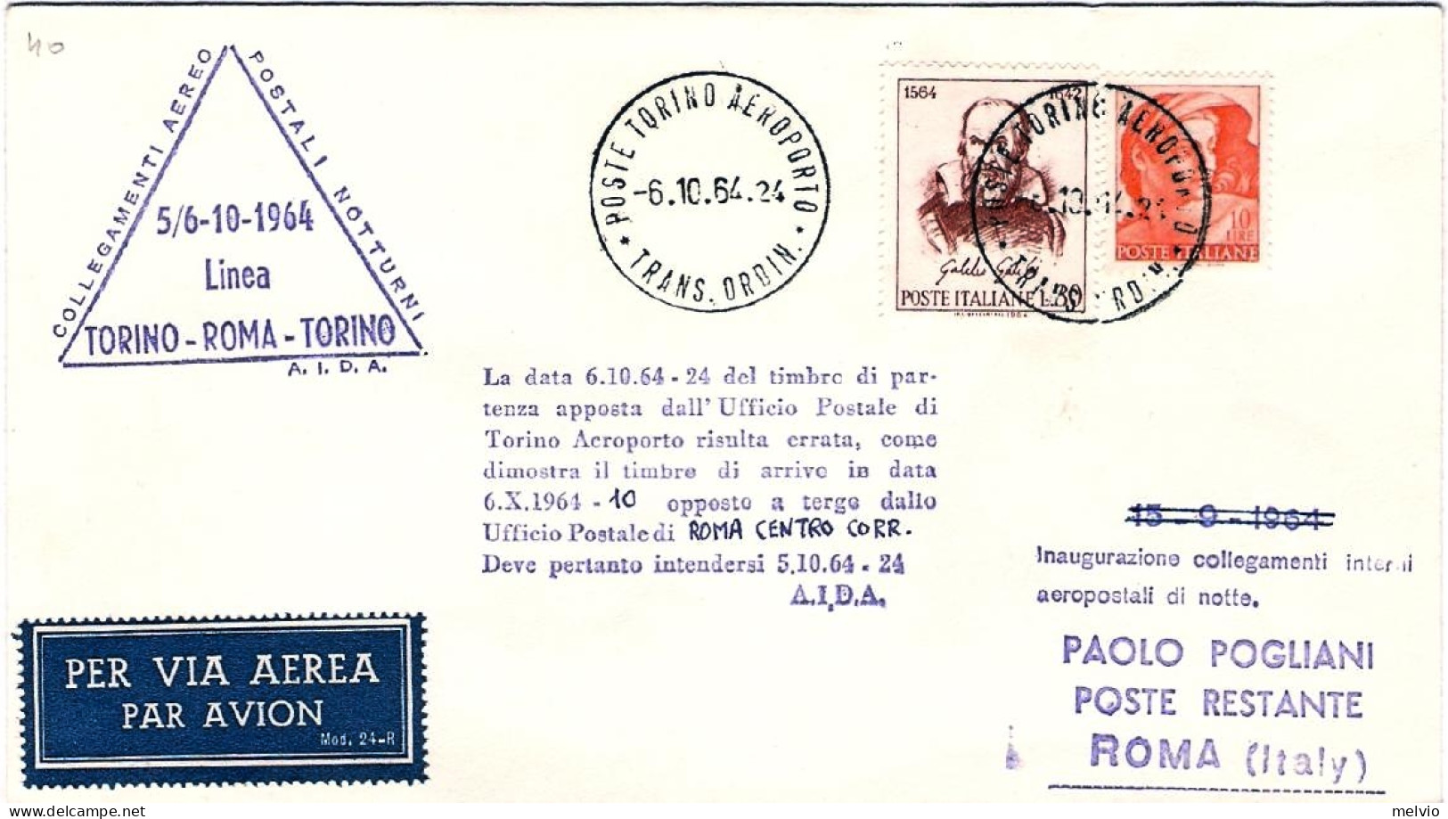1964-collegamento Aereo Postale Alitalia Notturno Torino Roma Del 6 Ottobre - 1961-70: Marcophilia