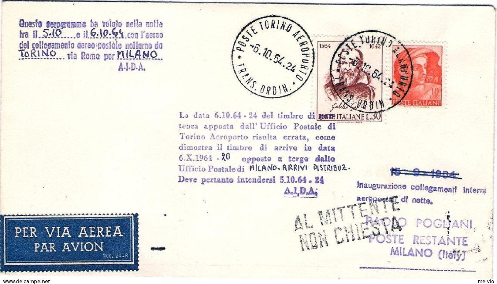 1964-collegamento Aereo Postale Alitalia Notturno Torino Milano Del 6 Ottobre - 1961-70: Marcophilia