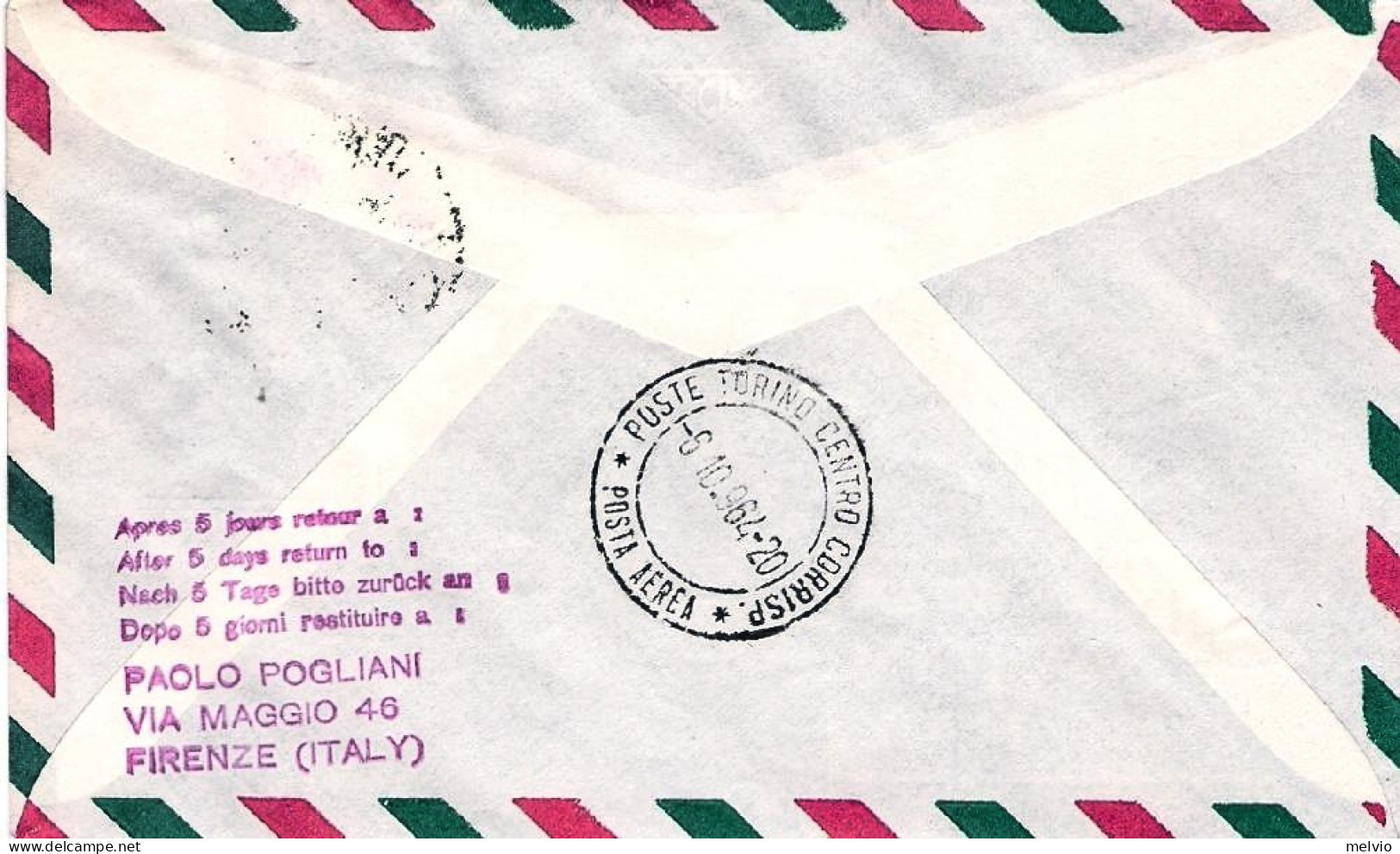 1964-collegamento Aereo Postale Alitalia Notturno Genova Torino Del 5 Ottobre - 1961-70: Storia Postale