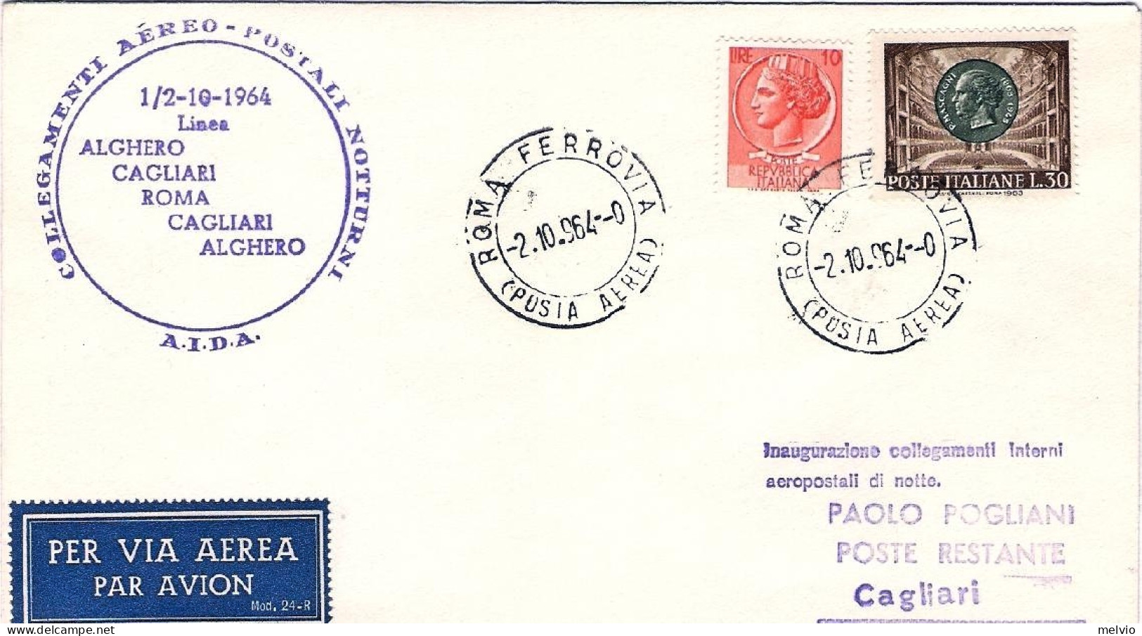 1964-collegamento Aereo Postale Alitalia Notturno Roma Cagliari Del 2 Ottobre - 1961-70: Storia Postale