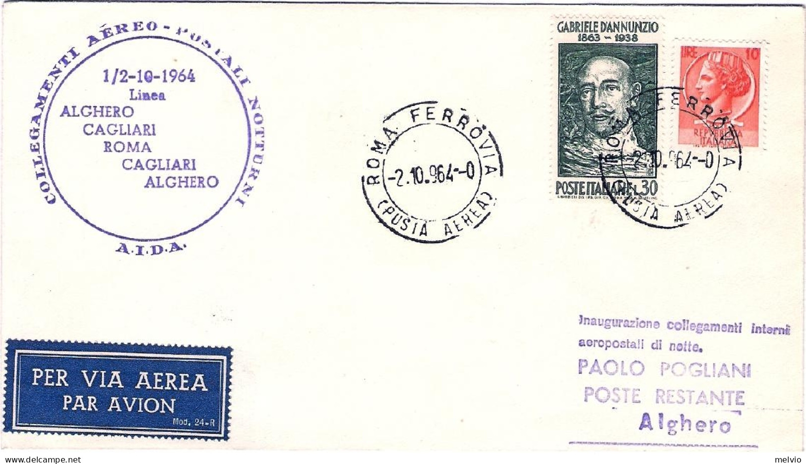 1964-collegamento Aereo Postale Alitalia Notturno Roma Alghero Del 2 Ottobre - 1961-70: Storia Postale