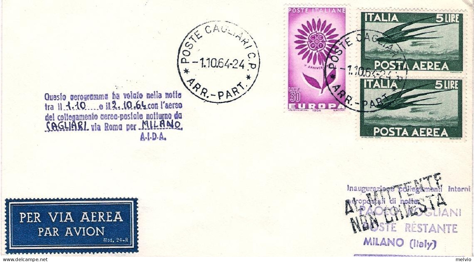 1964-collegamento Aereo Postale Alitalia Notturno Cagliari Milano Del 1 Ottobre - 1961-70: Marcophilia