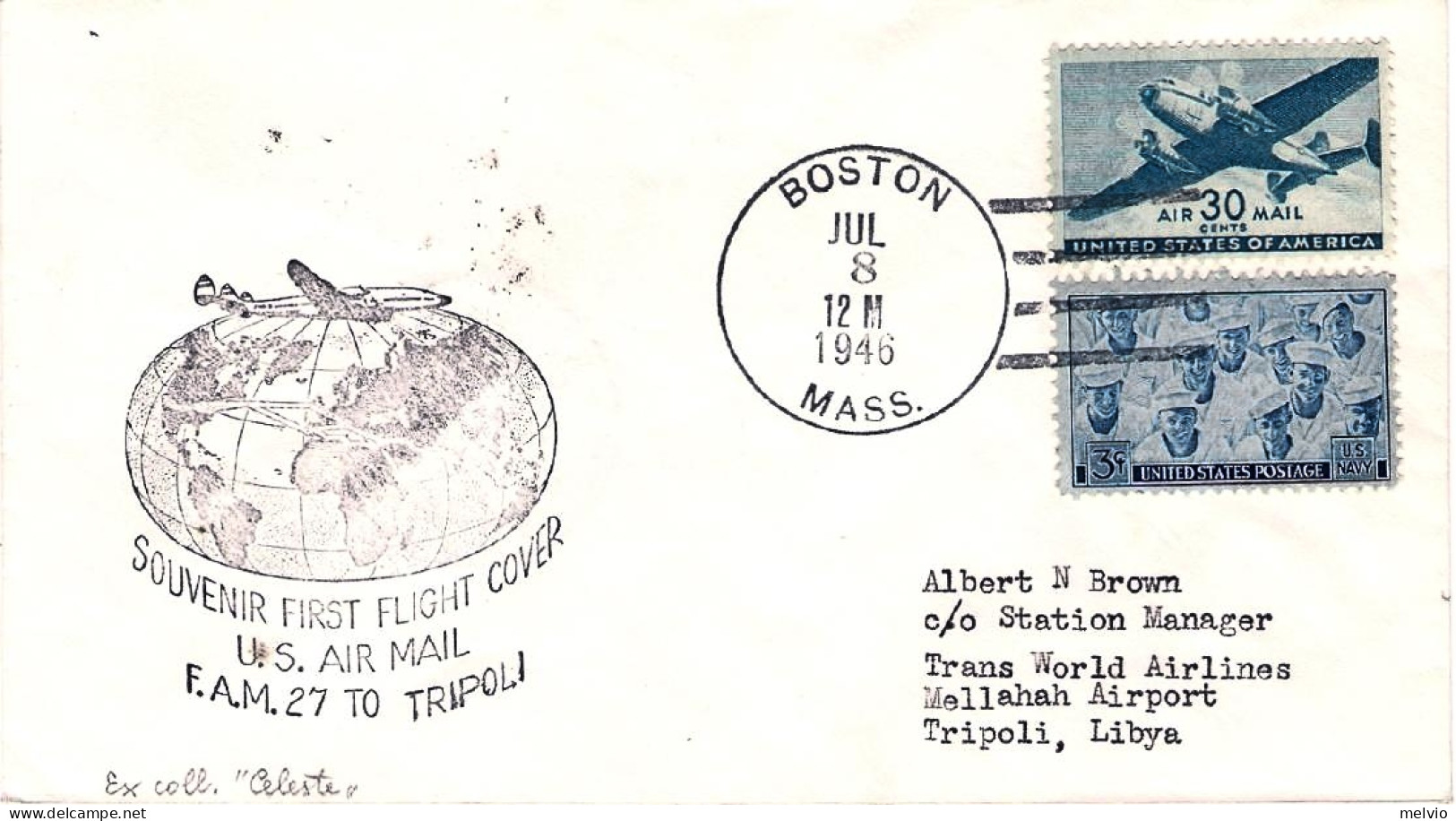 1946-U.S.A. I^volo F.A.M. 27 Boston Tripoli Del 8 Luglio (ex Collez.Celeste) - Autres & Non Classés