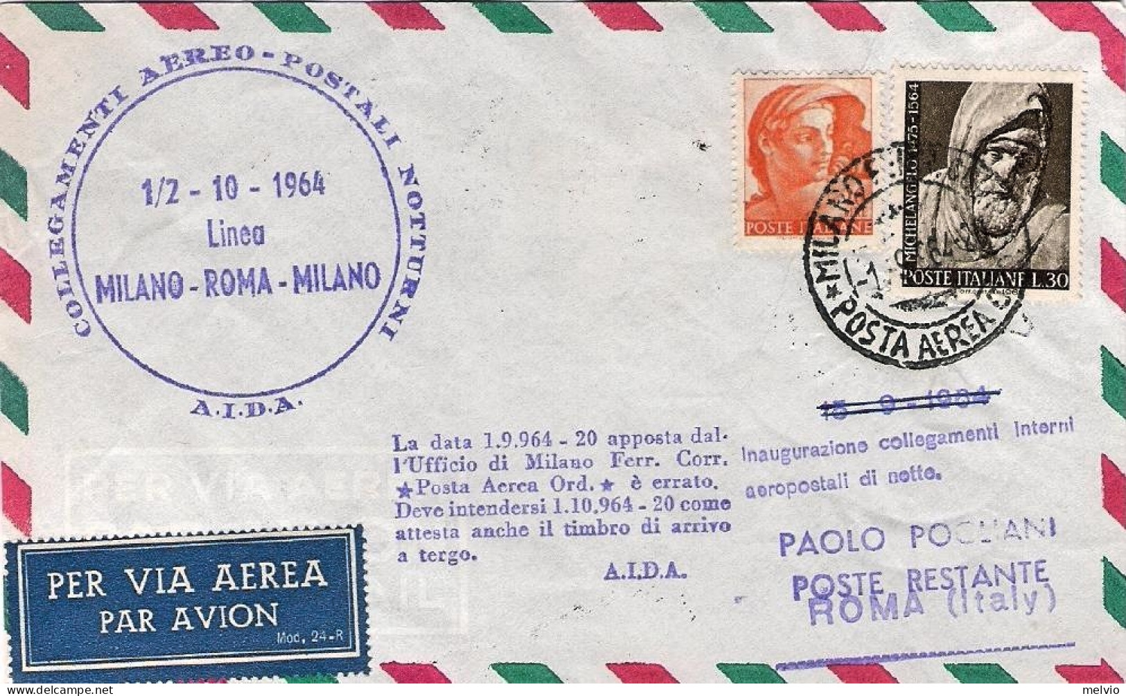 1964-collegamento Aereo Postale Alitalia Notturno Milano Roma Del 1 Ottobre (dat - 1961-70: Storia Postale