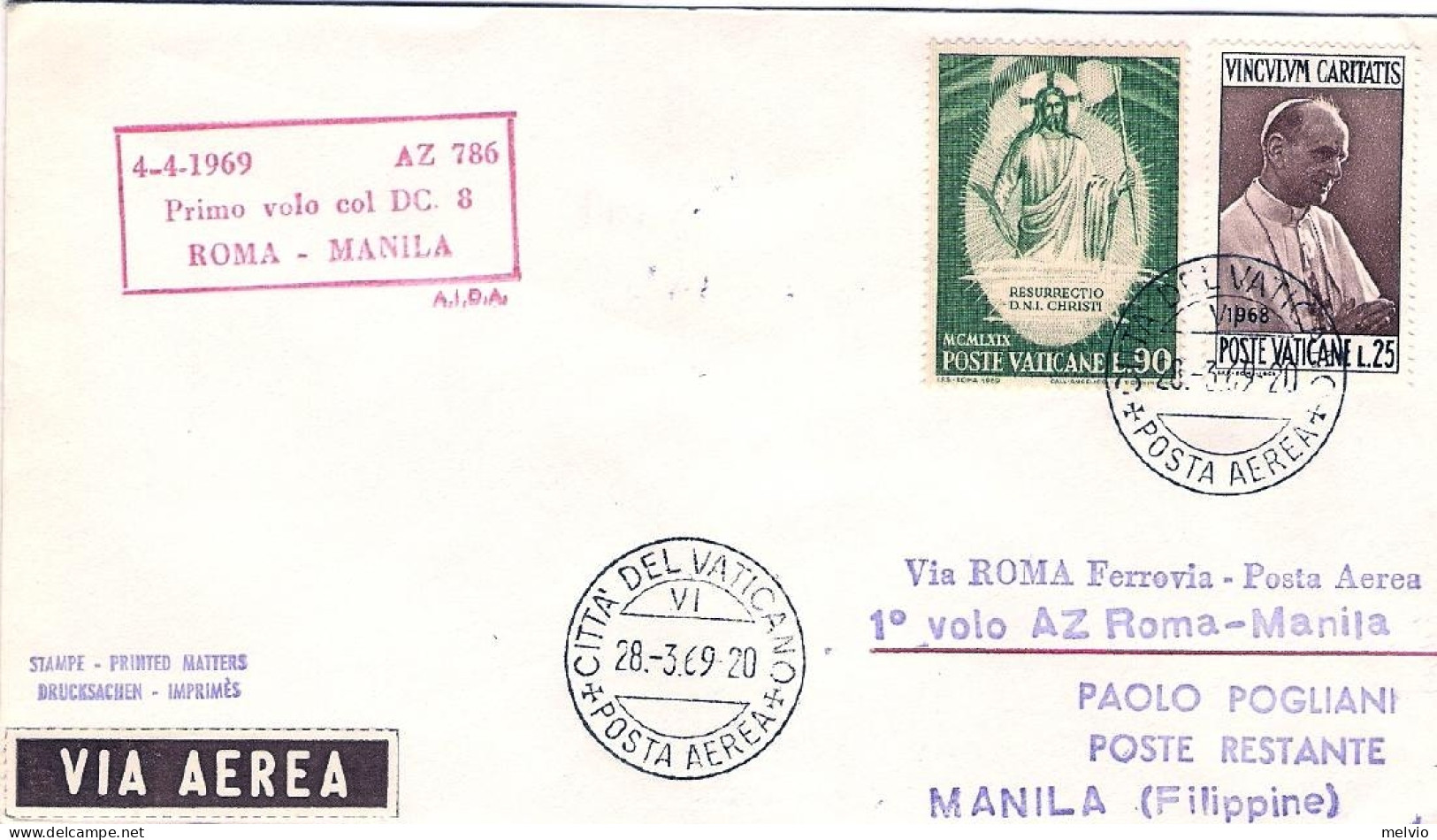 Vaticano-1969 Alitalia I^volo DC 8 Roma Manila Del 4 Aprile - Aéreo