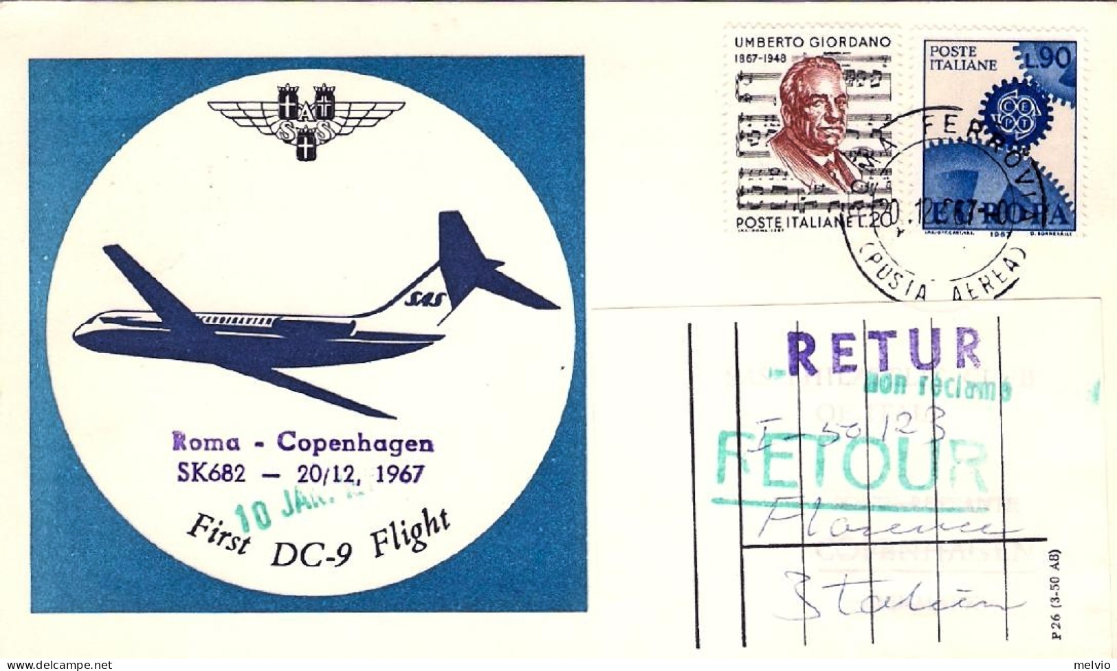 Vaticano-1967 Cartolina Illustrata I^volo DC 9 Roma Copenhagen Del 20 Dicembre - Posta Aerea