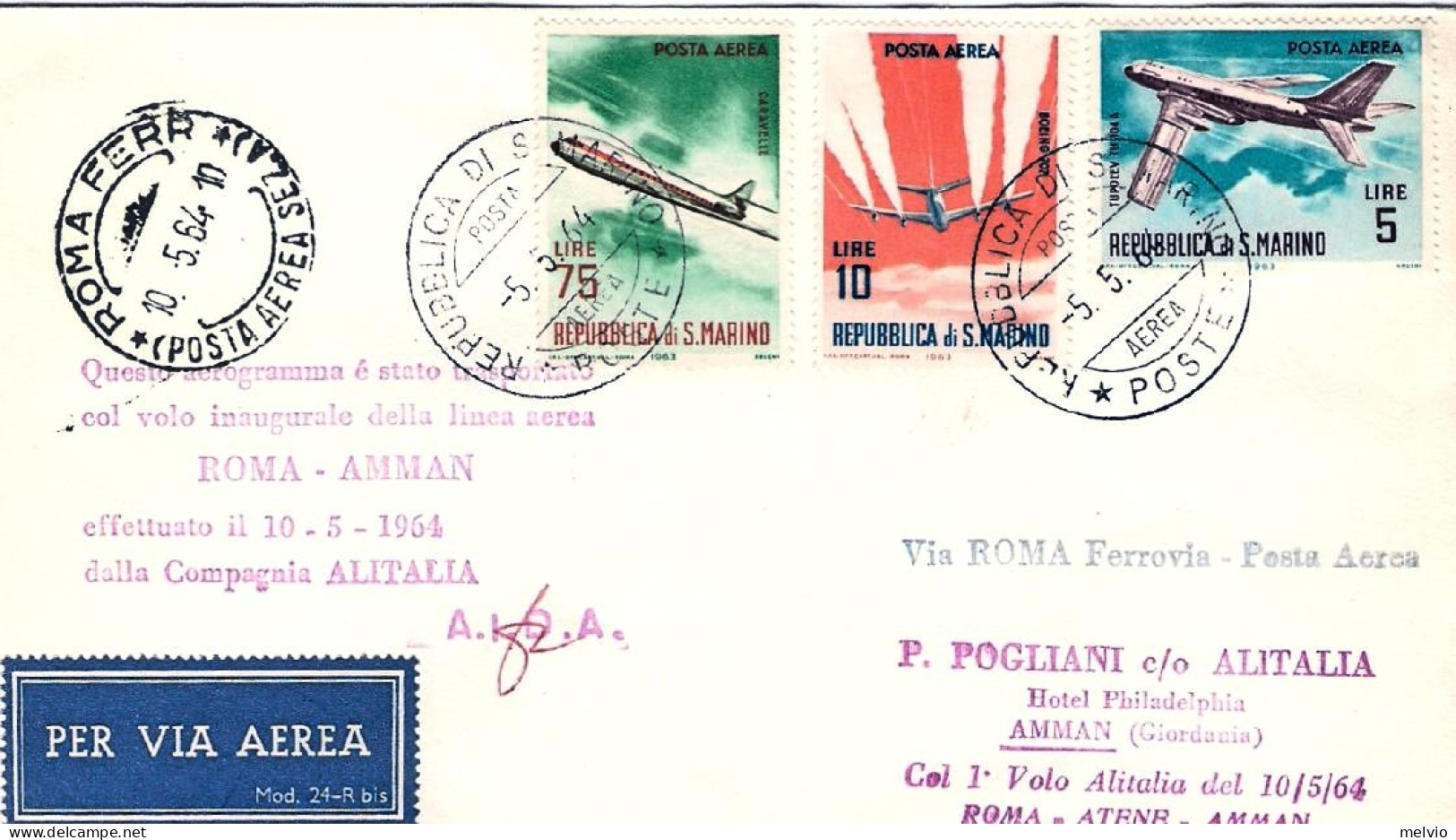 San Marino-1964 I^volo Caravelle Roma Amman Del 10 Maggio - Luftpost