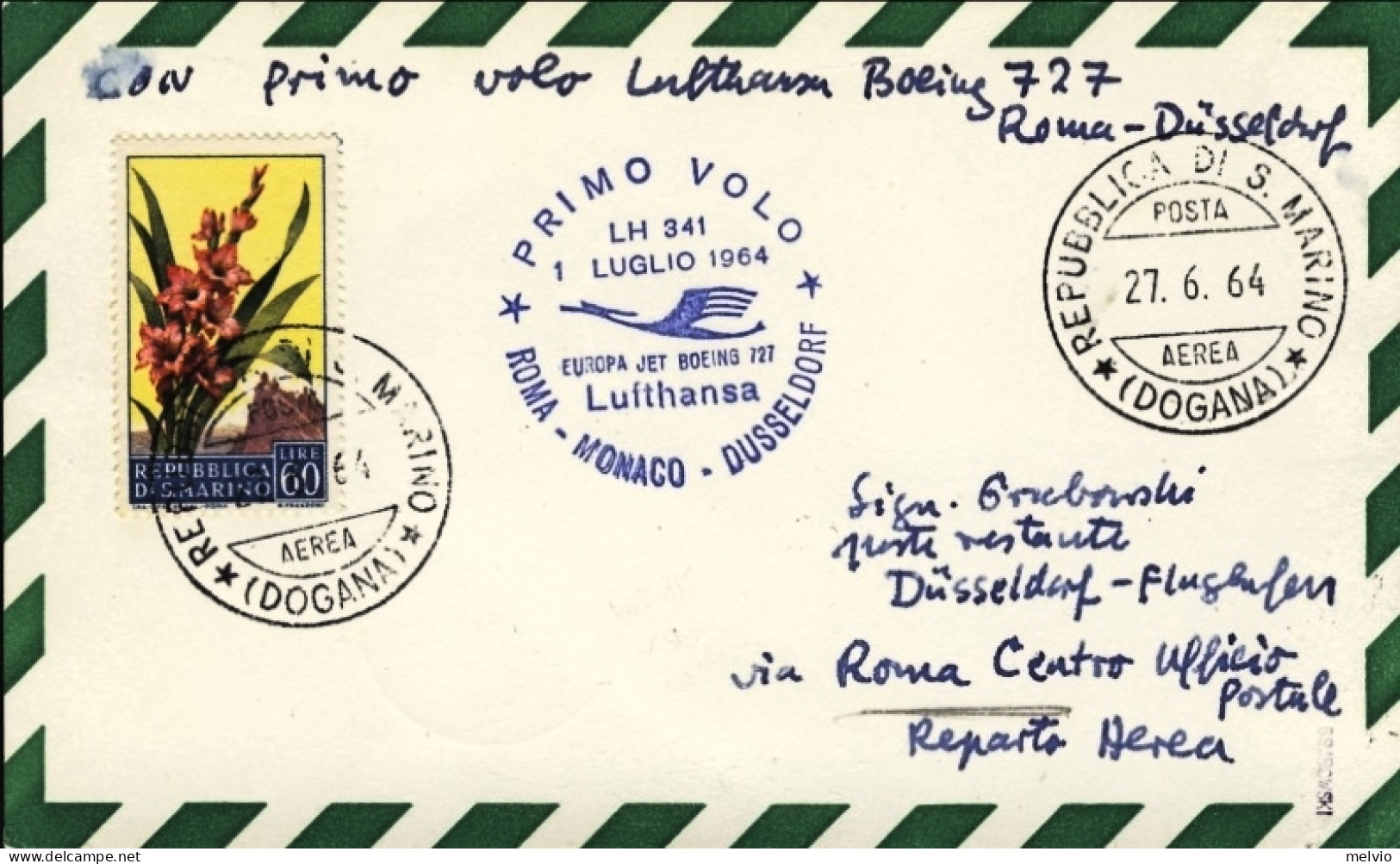 San Marino-1964 I^volo Lufthansa Europa Jet LH 341 Roma Dusseldorf Del 1 Luglio  - Poste Aérienne