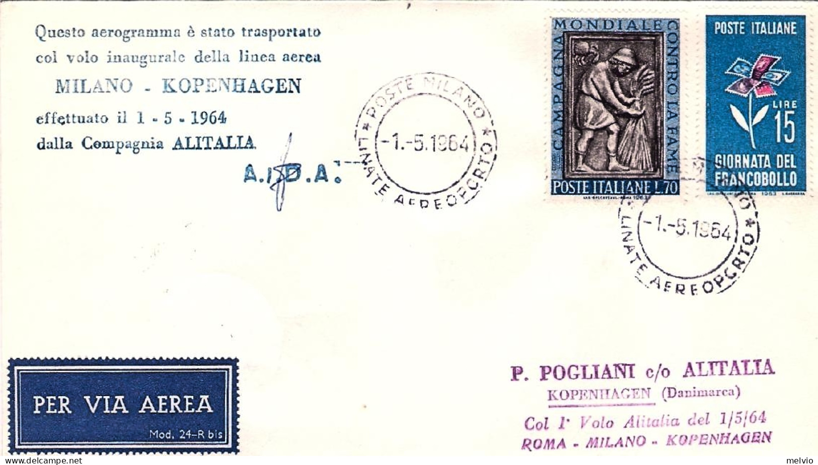 1964-I^volo Alitalia Milano Copenhagen Del 1 Maggio Dispaccio Dall'aeroporto Di  - 1961-70: Storia Postale