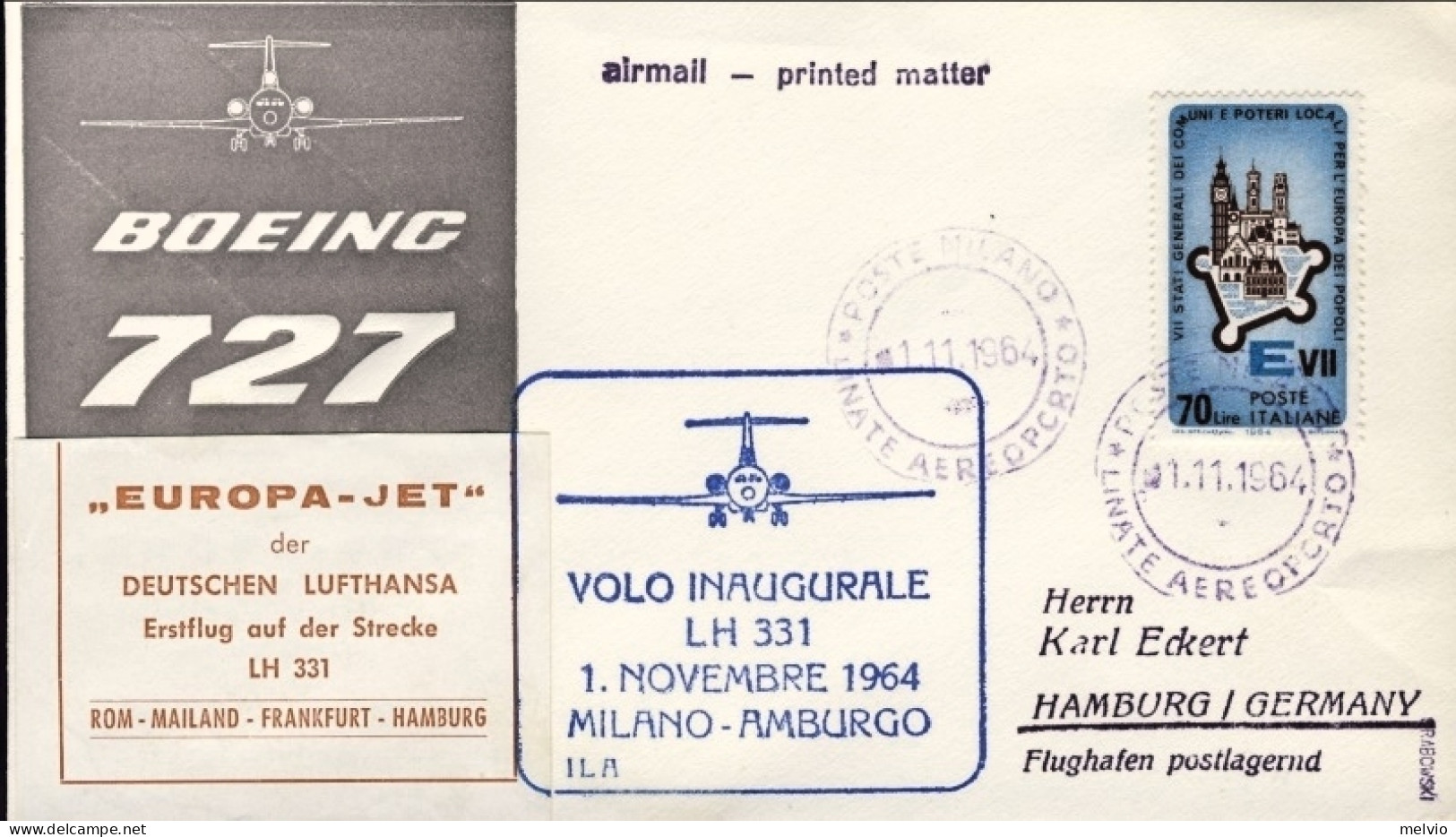 1964-I^volo Lufthansa Europa-Jet Boeing 727 LH 331 Milano Amburgo Del 1 Novembre - 1961-70: Marcophilia