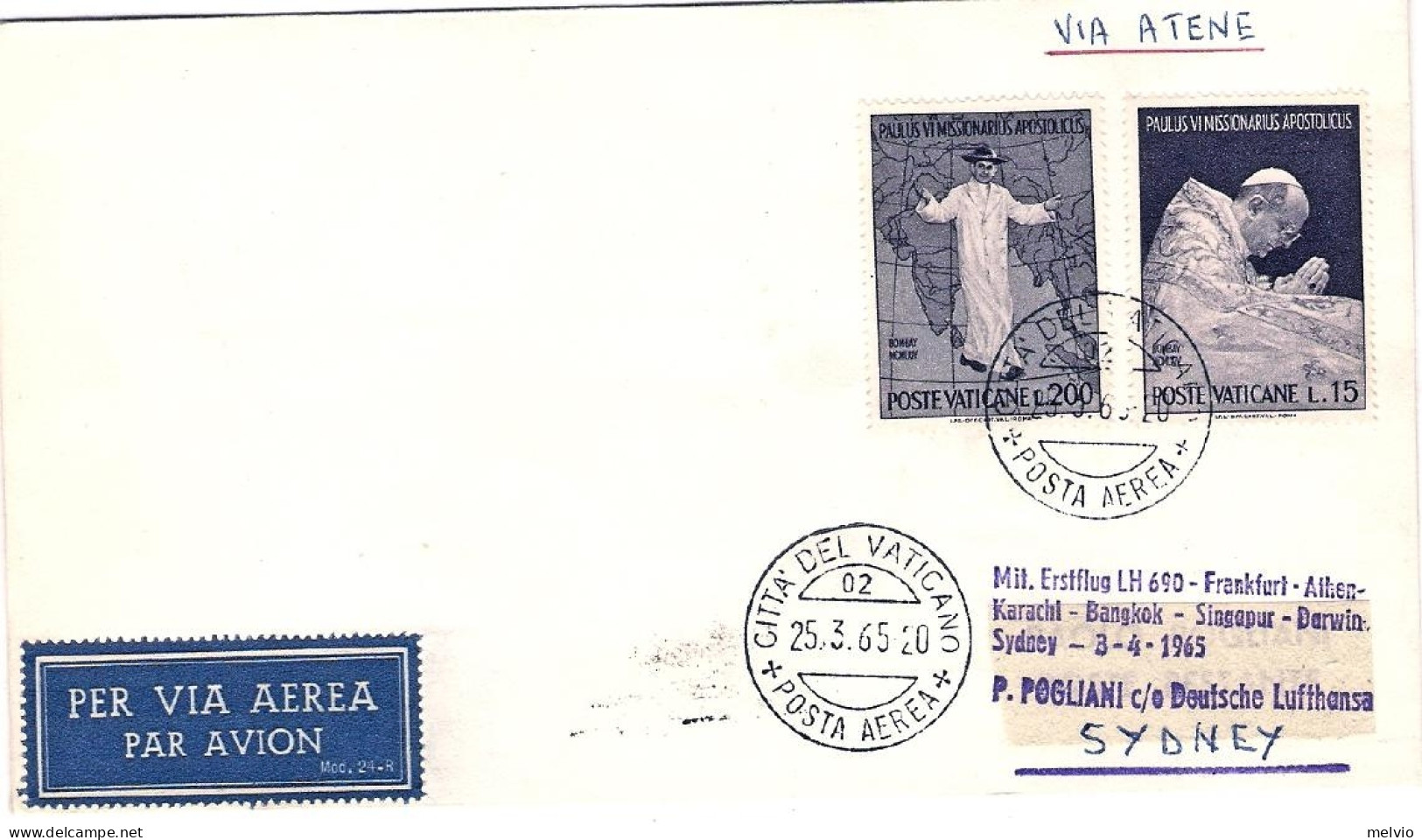 Vaticano-1965 I^volo LH 690 Via Atene Diretto A Sydney Del 6 Aprile - Posta Aerea