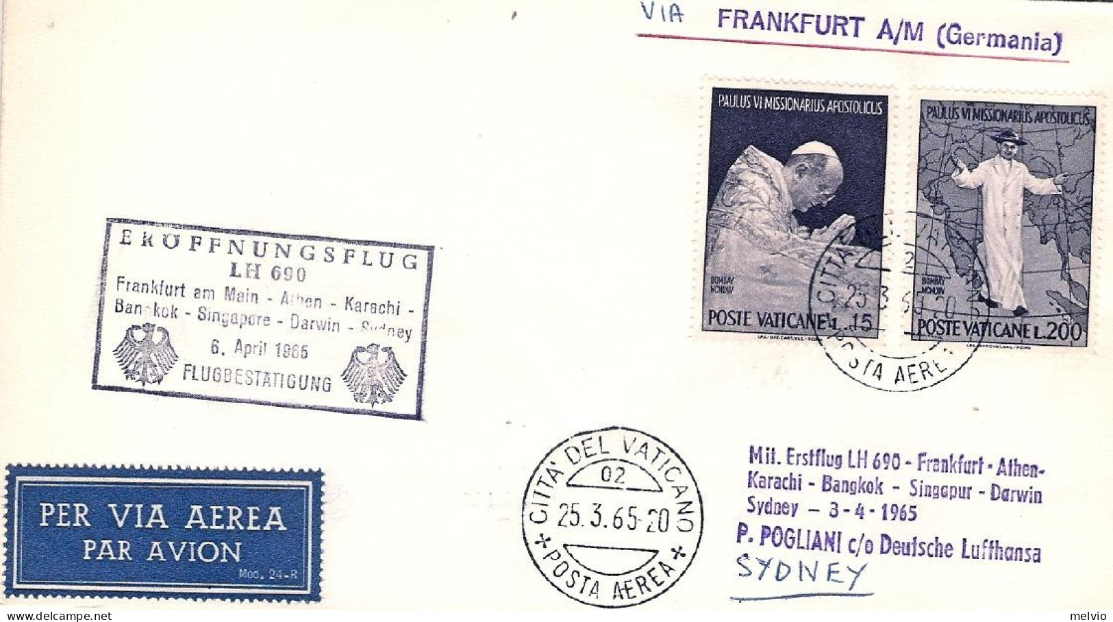 Vaticano-1965 I^volo LH 690 Via Francoforte Diretto A Sydney Del 6 Aprile - Poste Aérienne