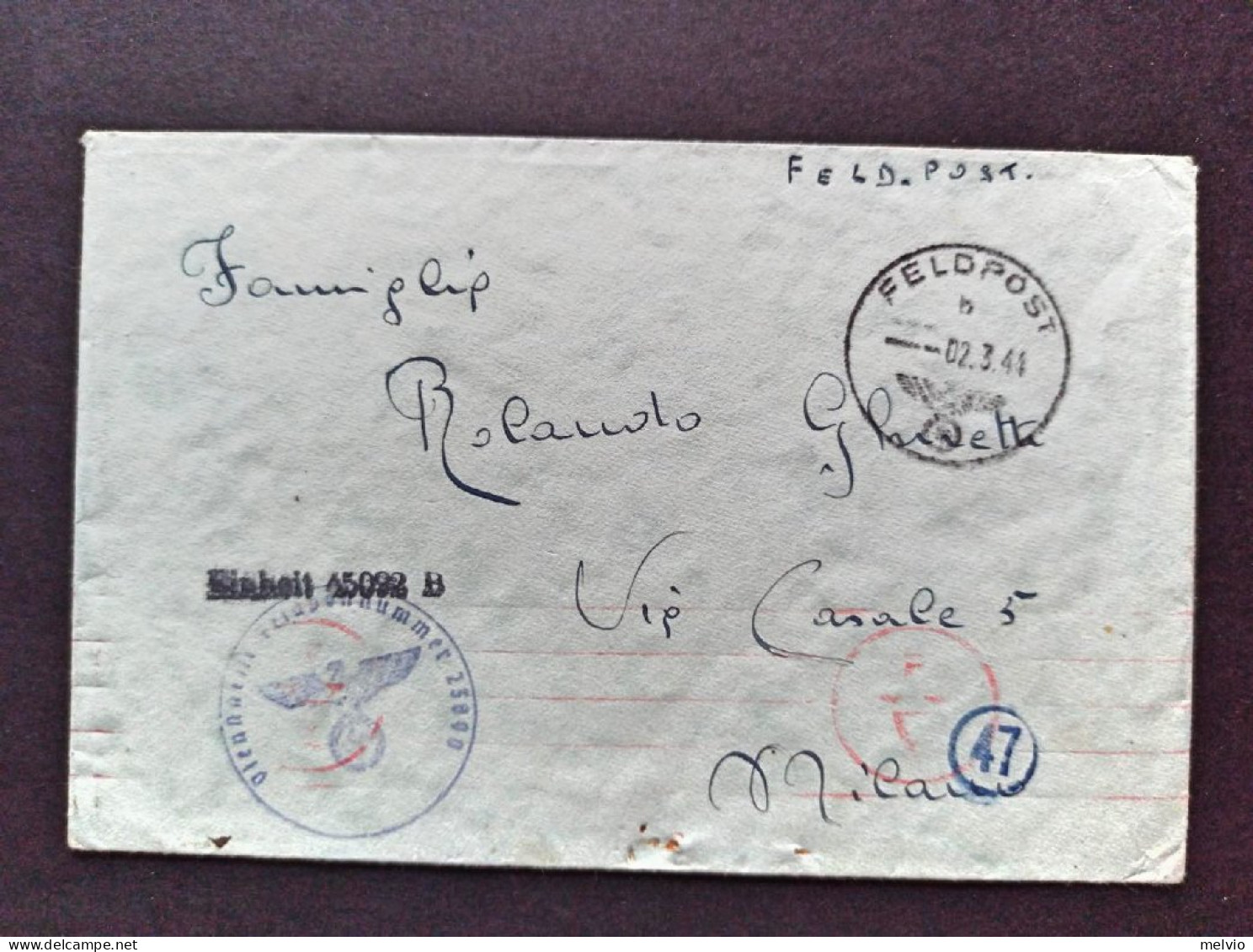 1944-Feldpostnummer 23000, Feldpost Manoscritto E Timbrato 45092 B, Per Milano - Marcophilia
