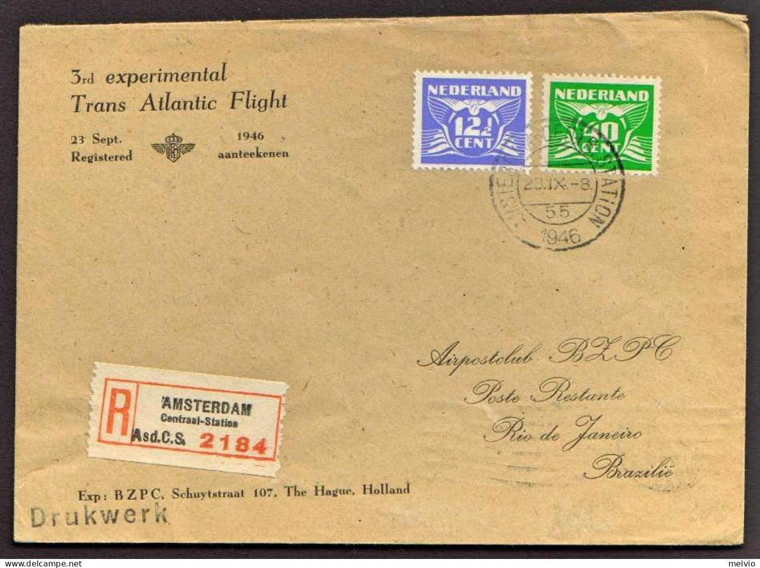 1946-Holland Nederland Olanda III^esperim.volo Transatlantico (Brasile) Su Lette - Airmail