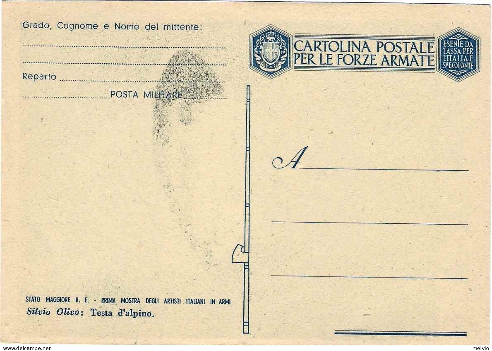 1942-cartolina Franchigia Nuova "artisti Italiani In Armi,Olivo: Testa D'alpino" - Marcophilia