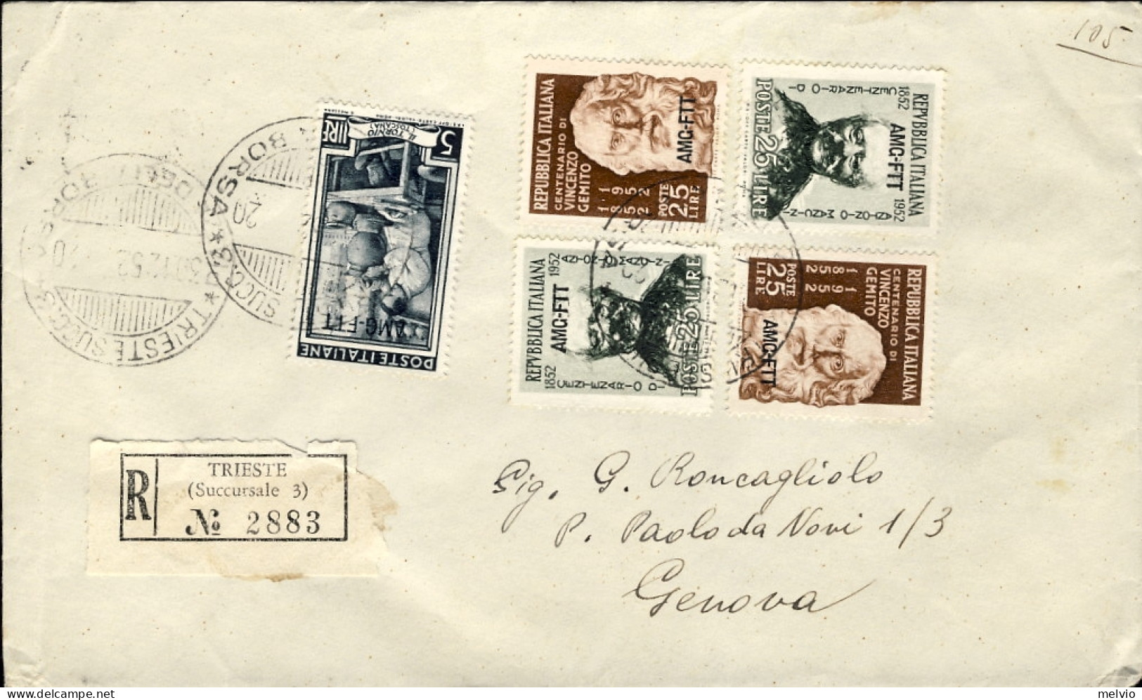 1952-Trieste A Lettera Racc. In Perfetta Tariffa Per L.105 Affr. Due L.25 Vincen - Marcophilie