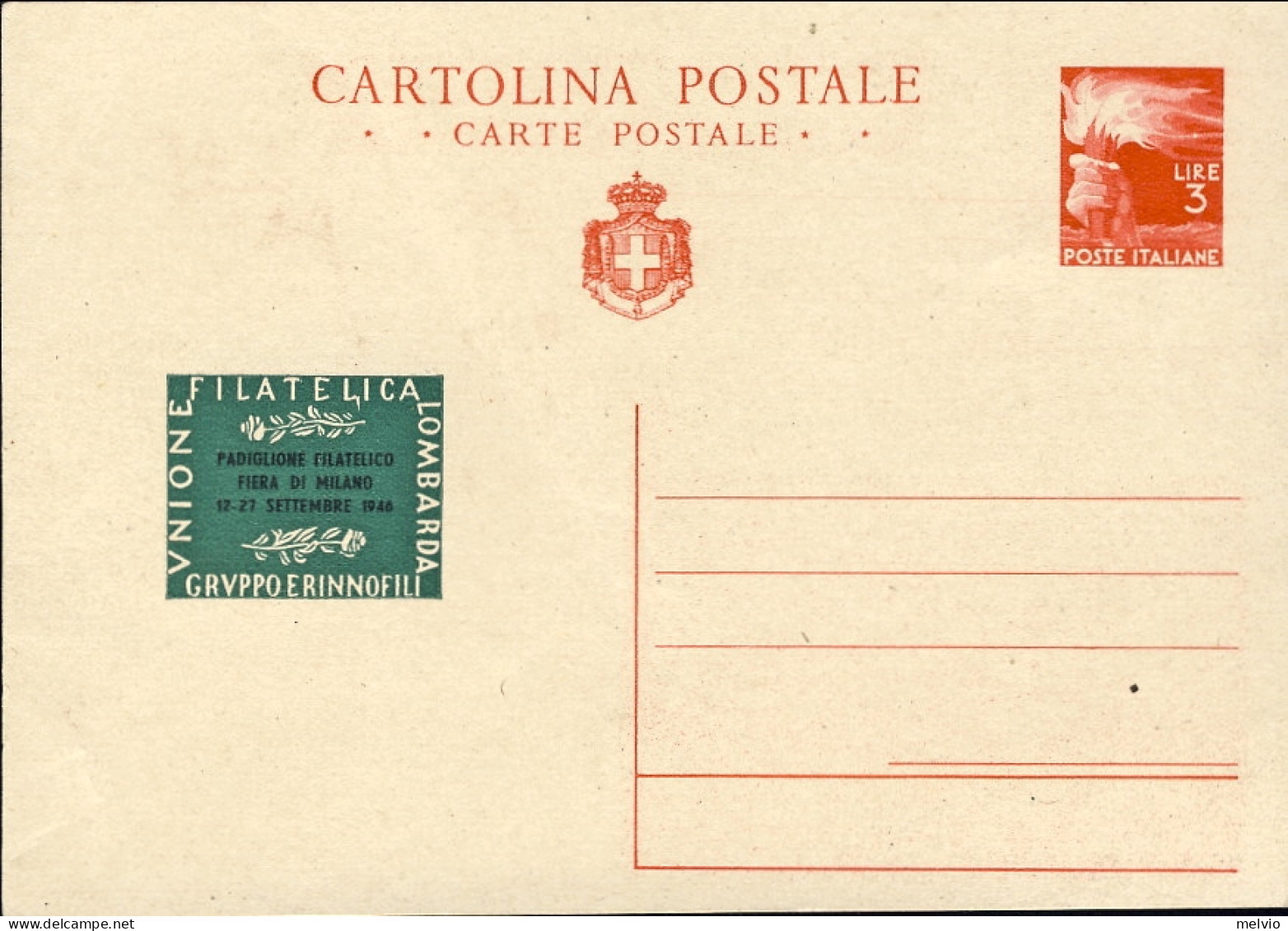 1945-cat.Pertile Euro 100, Cp. L.3 Democratica Stemma Sabaudo Emiss. Privata (re - Erinofilia