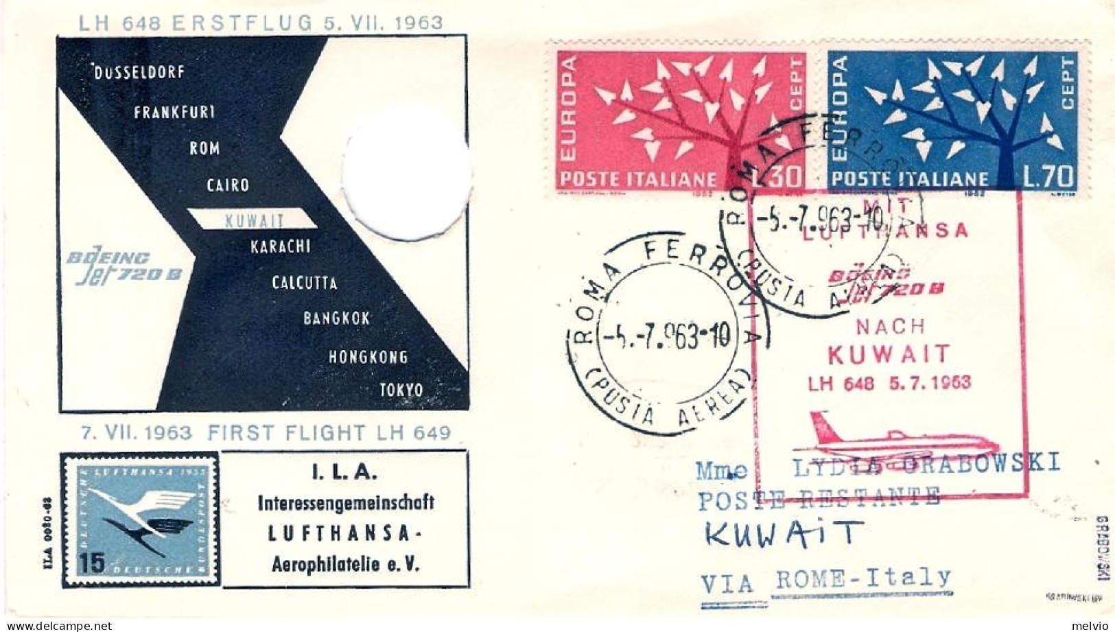 1963-I^volo Lufthansa LH 648 Roma Kuwait Del 5 Luglio Con Il Caratteristico Foro - Koeweit