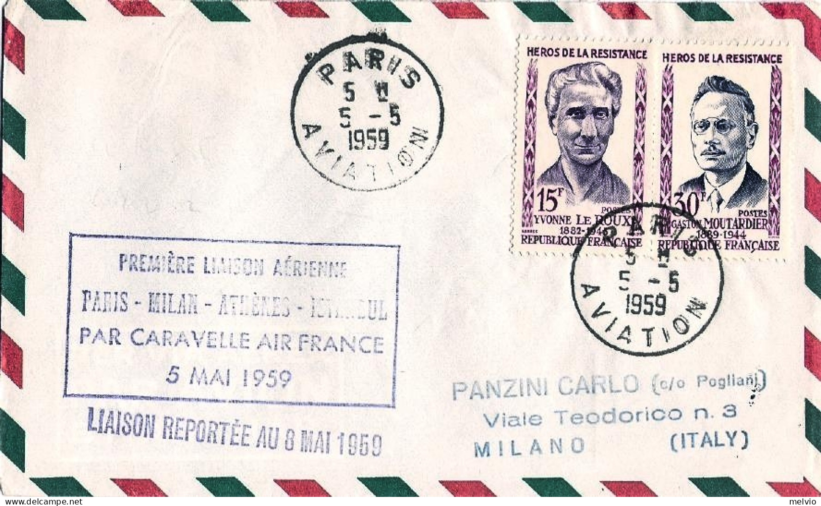 1959-France Francia Cat.Pellegrini N.948 Euro 70, I^volo Air France Parigi Milan - 1921-1960: Periodo Moderno