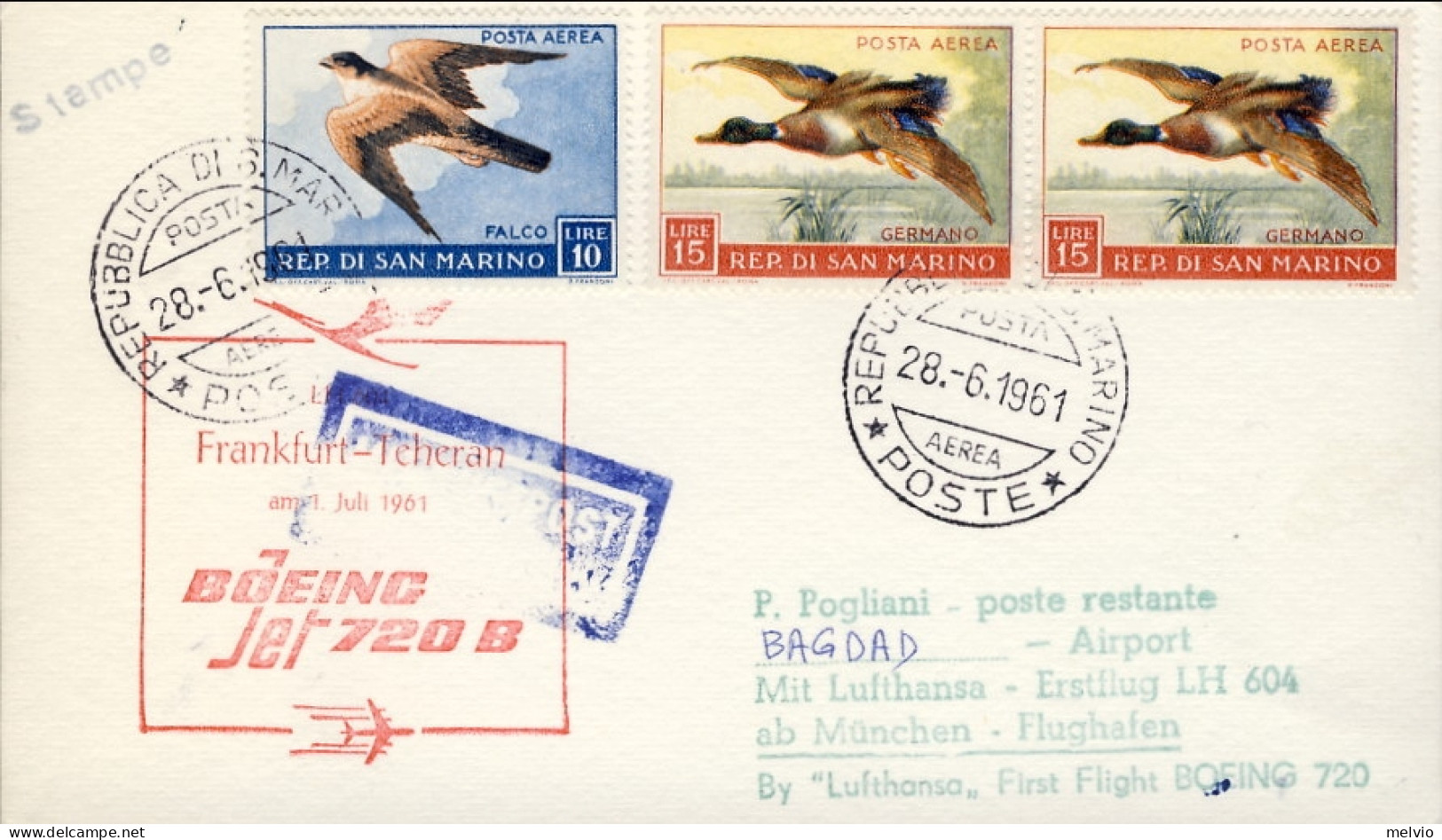 San Marino-1961 Cartolina Per Baghdad Con Bollo Della Lufthansa Volo Boeing 720  - Luchtpost