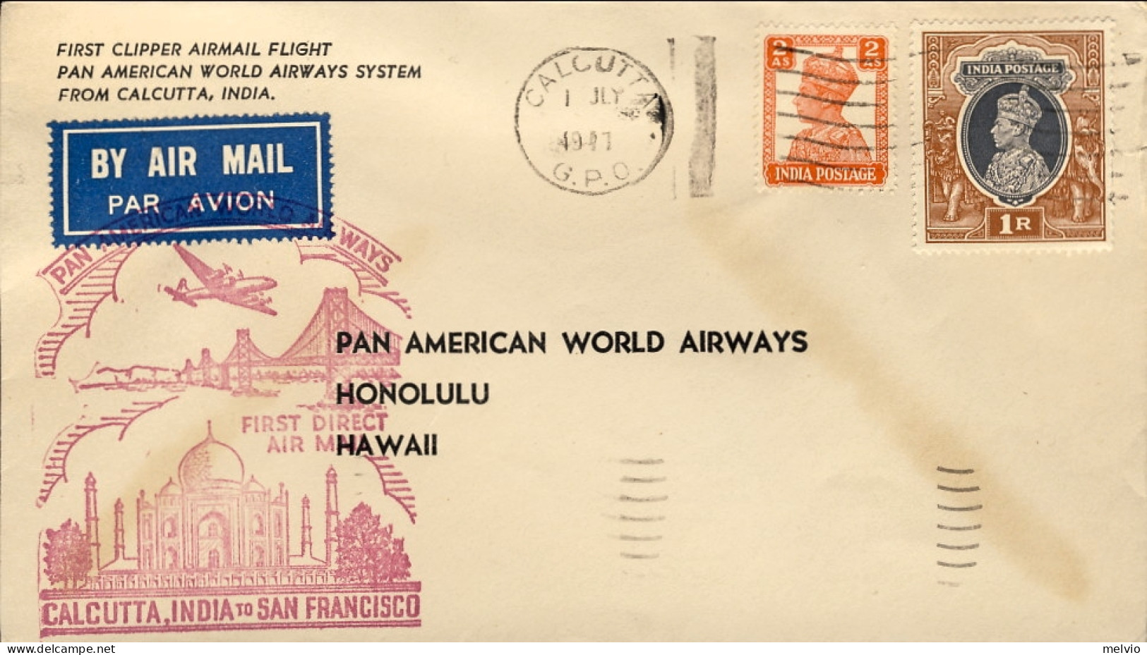 1947-India Pan American World Airways Volo Calcutta India-Honolulu Hawaii + Cach - Autres & Non Classés