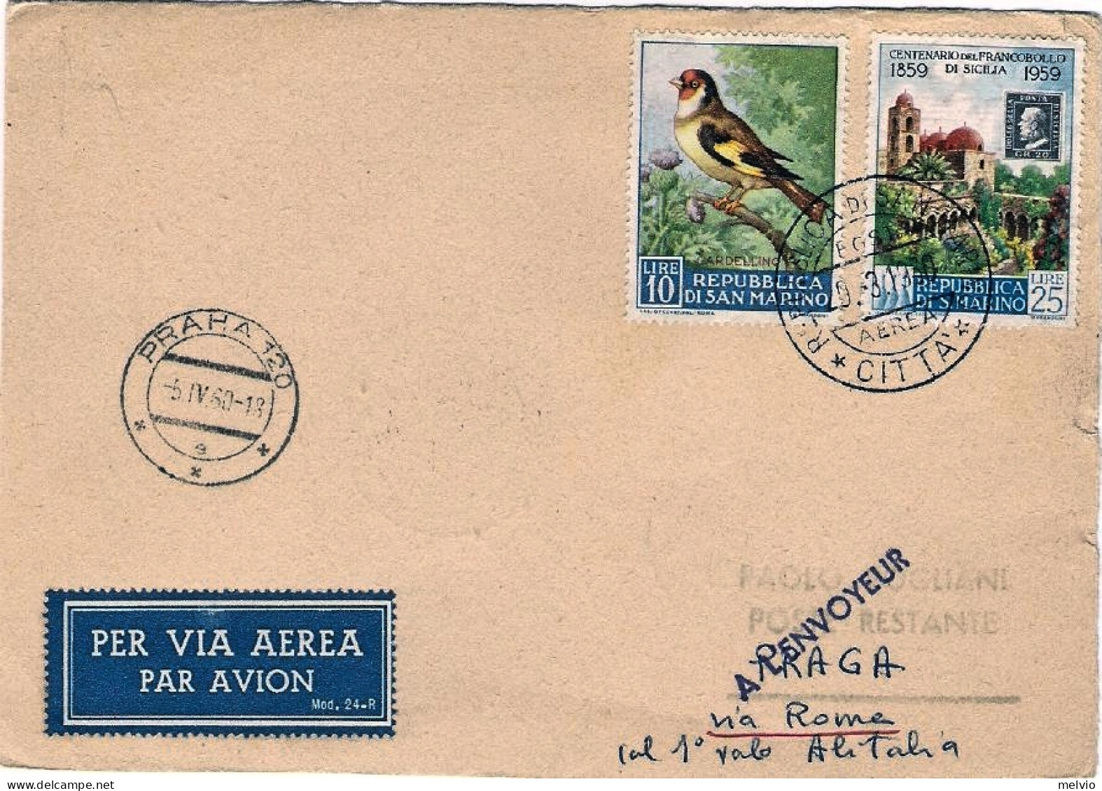 San Marino-1960 I^volo Alitalia Roma Praga Del 5 Aprile - Luftpost