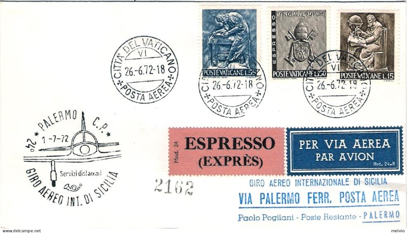 Vaticano-1972 Espresso Per Il 24^ Giro Aereo D'internazionale Di Sicilia Tappa D - Posta Aerea