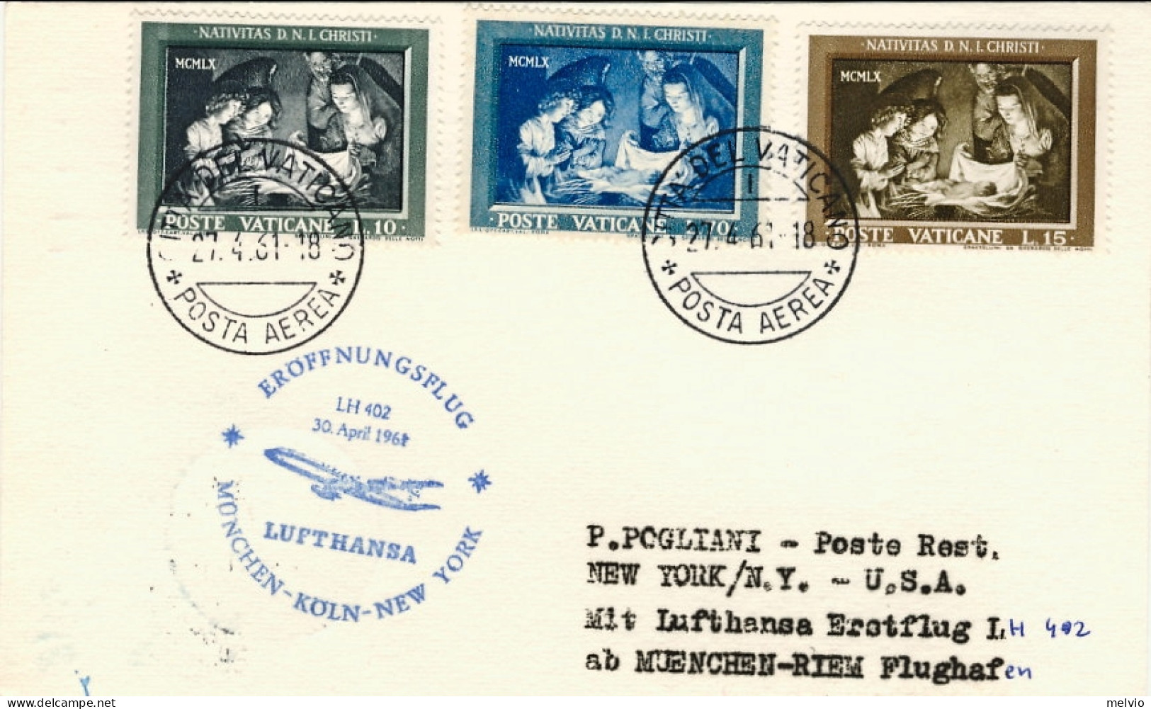 Vaticano-1961 I^volo Lufthansa LH 402 Monaco New York Del 30 Aprile - Posta Aerea