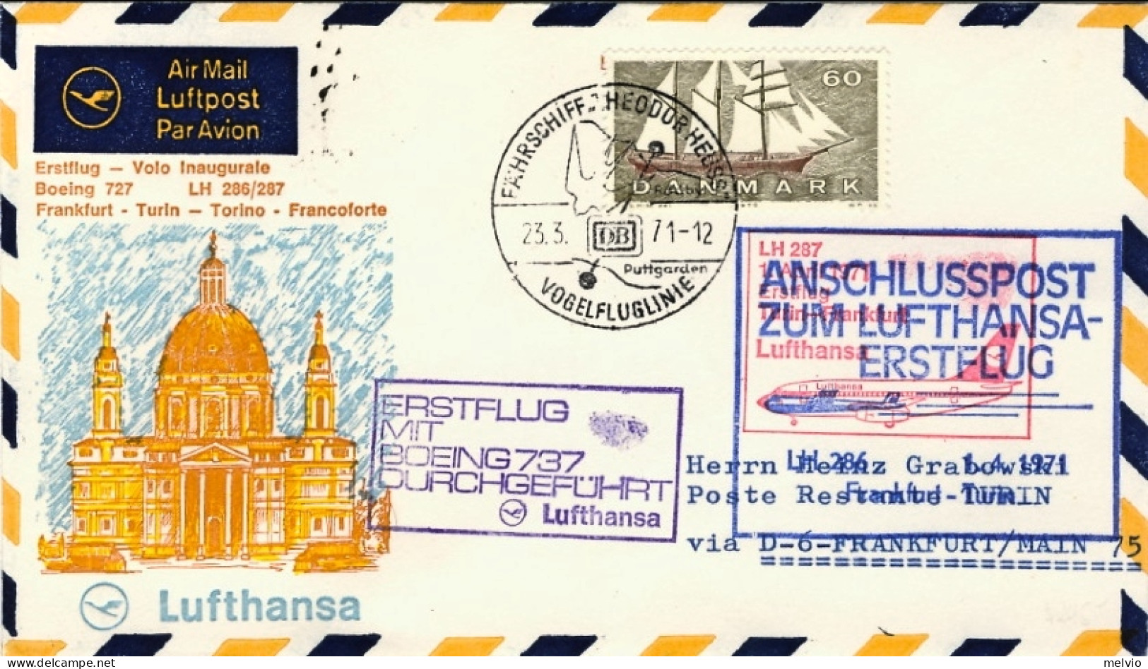 1971-Danimarca I^volo Lufthansa LH 286 Francoforte Torino Del 1 Aprile, (tiratur - Poste Aérienne