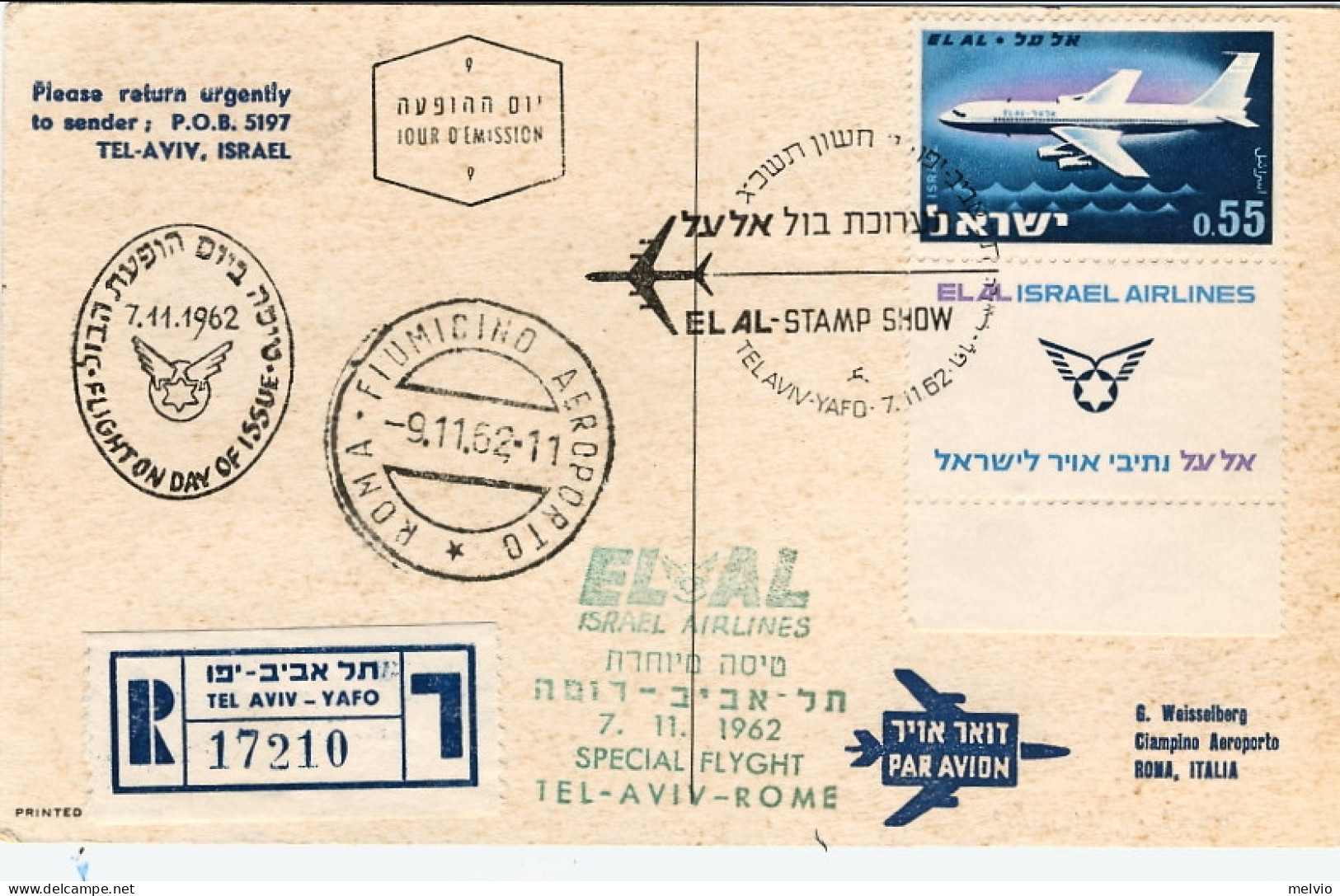 1962-Israele Cat.Pellegrini N.1563 Euro 160, Volo Speciale EL AL Tel Aviv Roma D - Poste Aérienne