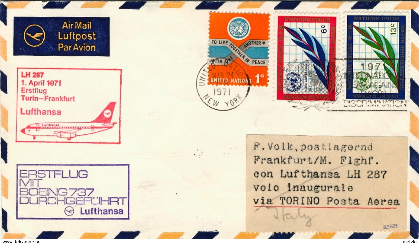 1971-Nazioni Unite I^volo Lufthansa LH 287 Torino Francoforte Del 1 Aprile (10 P - Posta Aerea