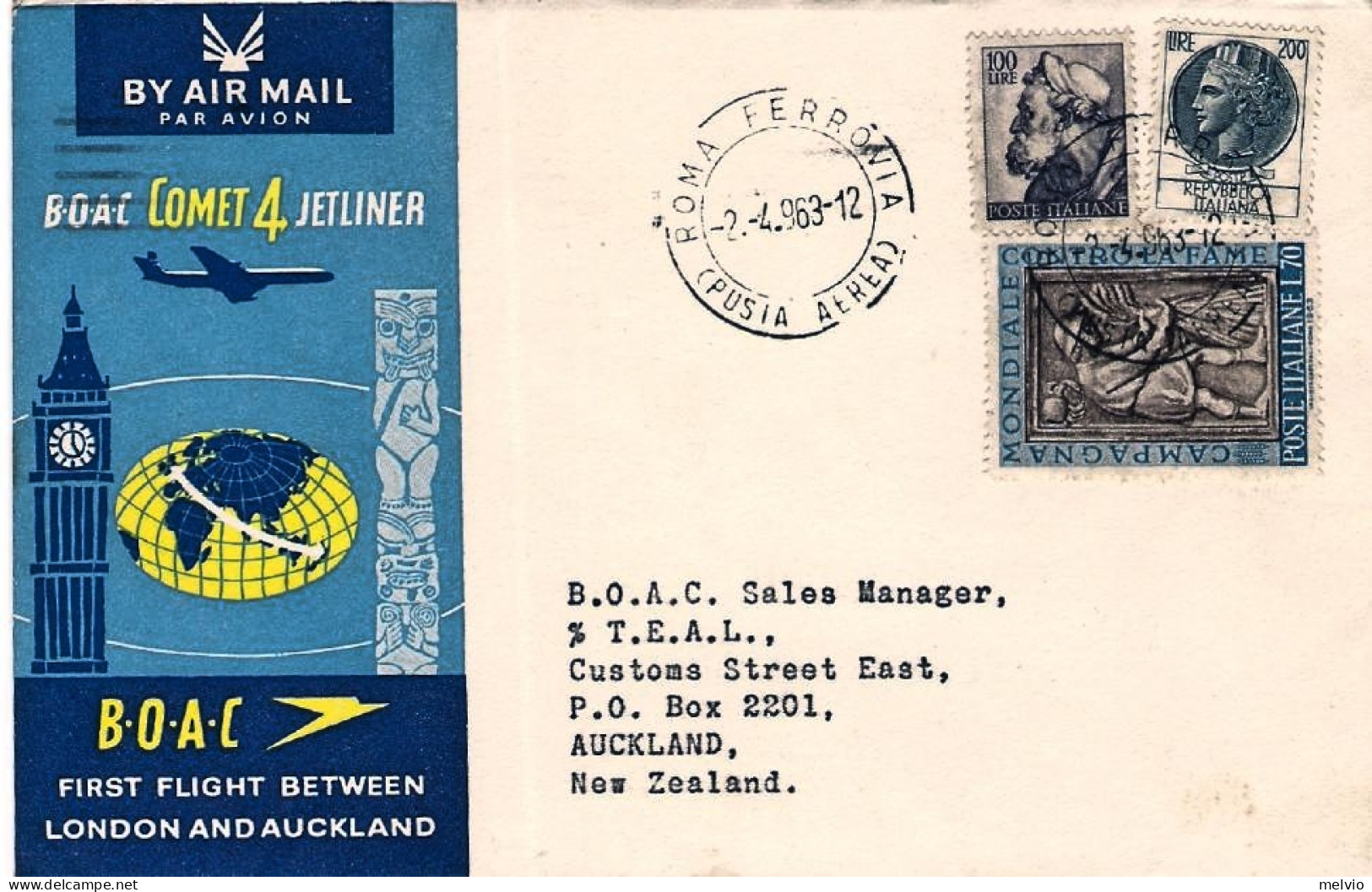 1963-I^volo BOAC Roma Auckland (Nuova Zelanda) Del 2 Aprile - 1961-70: Storia Postale