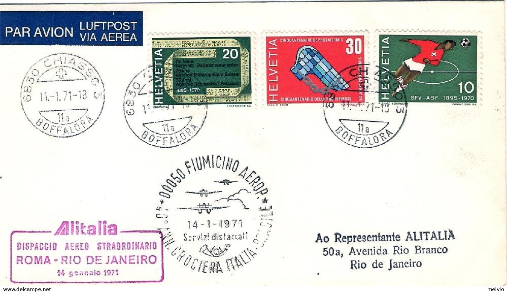 1971-Svizzera Volo Alitalia Dispaccio Aereo Straordinario Roma-Rio De Janeiro De - Covers & Documents