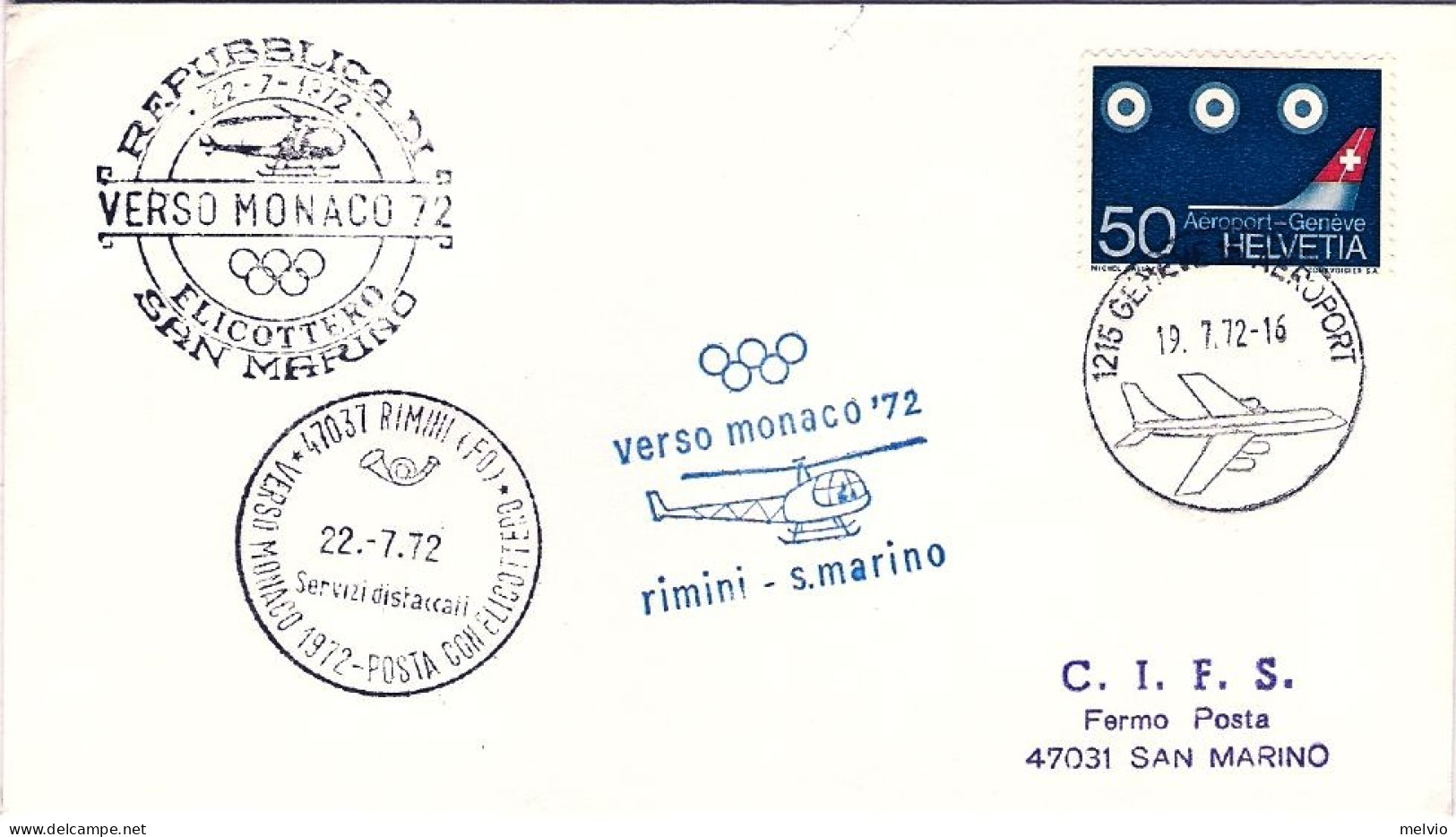 1972-Svizzera Posta Con Elicottero Verso Monaco '72 Rimini-San Marino Del 22 Lug - Primeros Vuelos