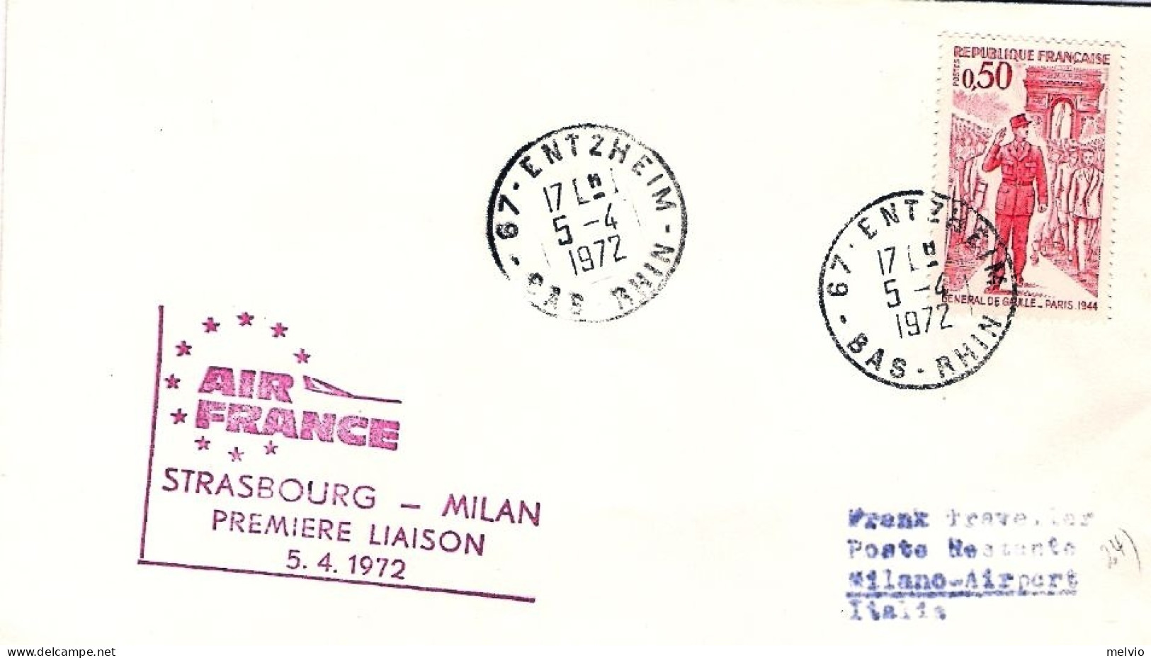 1972-France Francia Air France I^volo Caravelle Strasburgo Milano Del 5 Aprile T - 1961-....