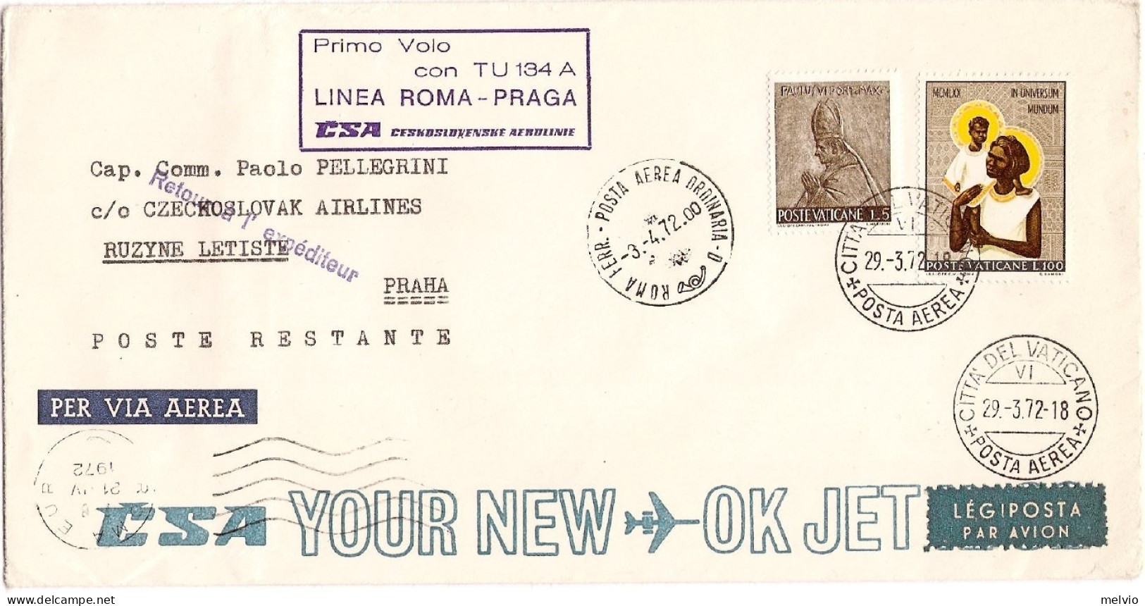 Vaticano-1972 Ufficiale Linee Aeree CSA I^volo Con TU 134 A Roma Praga Del 3 Apr - Airmail