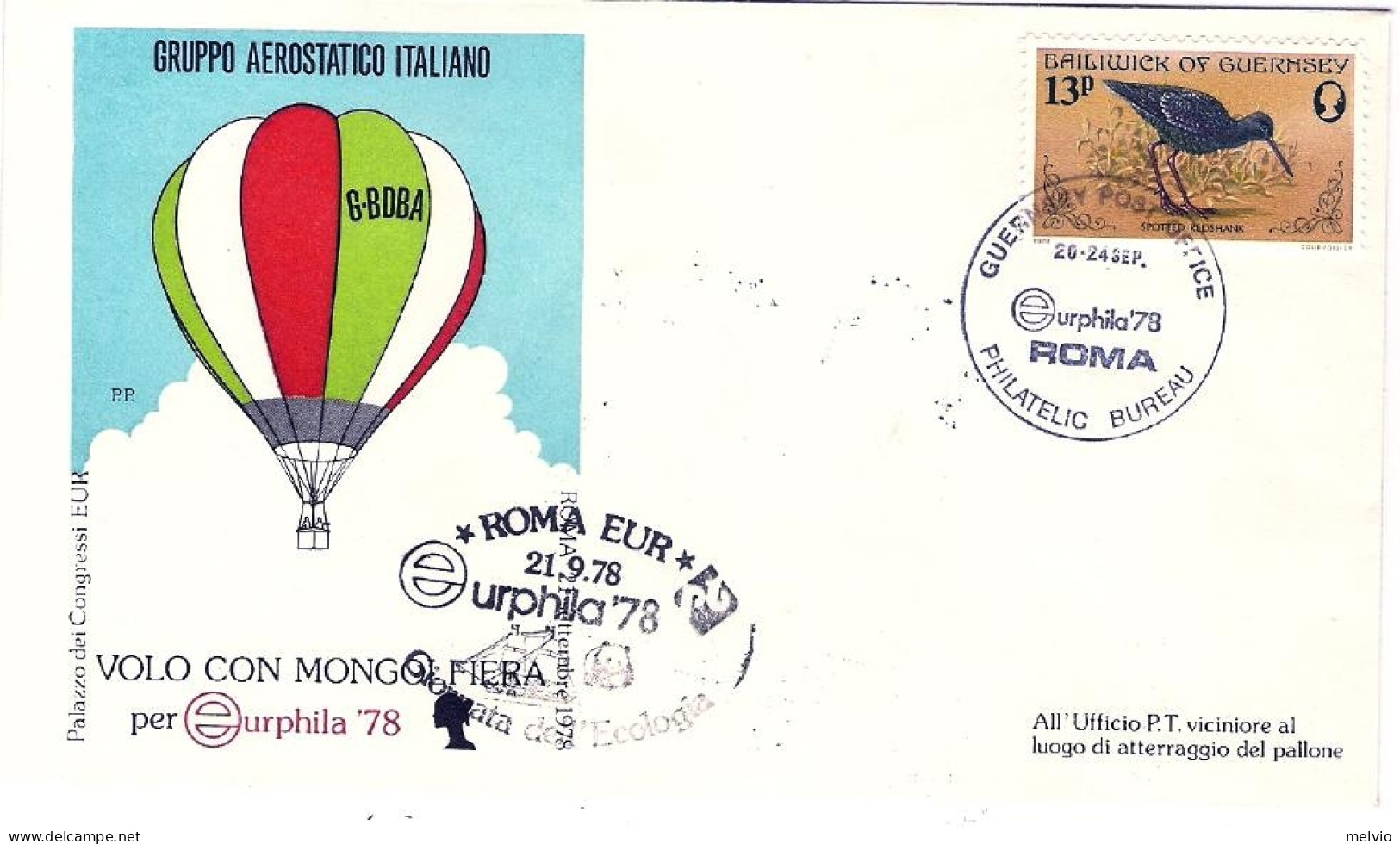 1978-Guernsey Volo Con Mongolfiera Per Eurphila Roma-Pomezia Al Verso Bollo "pos - Guernsey