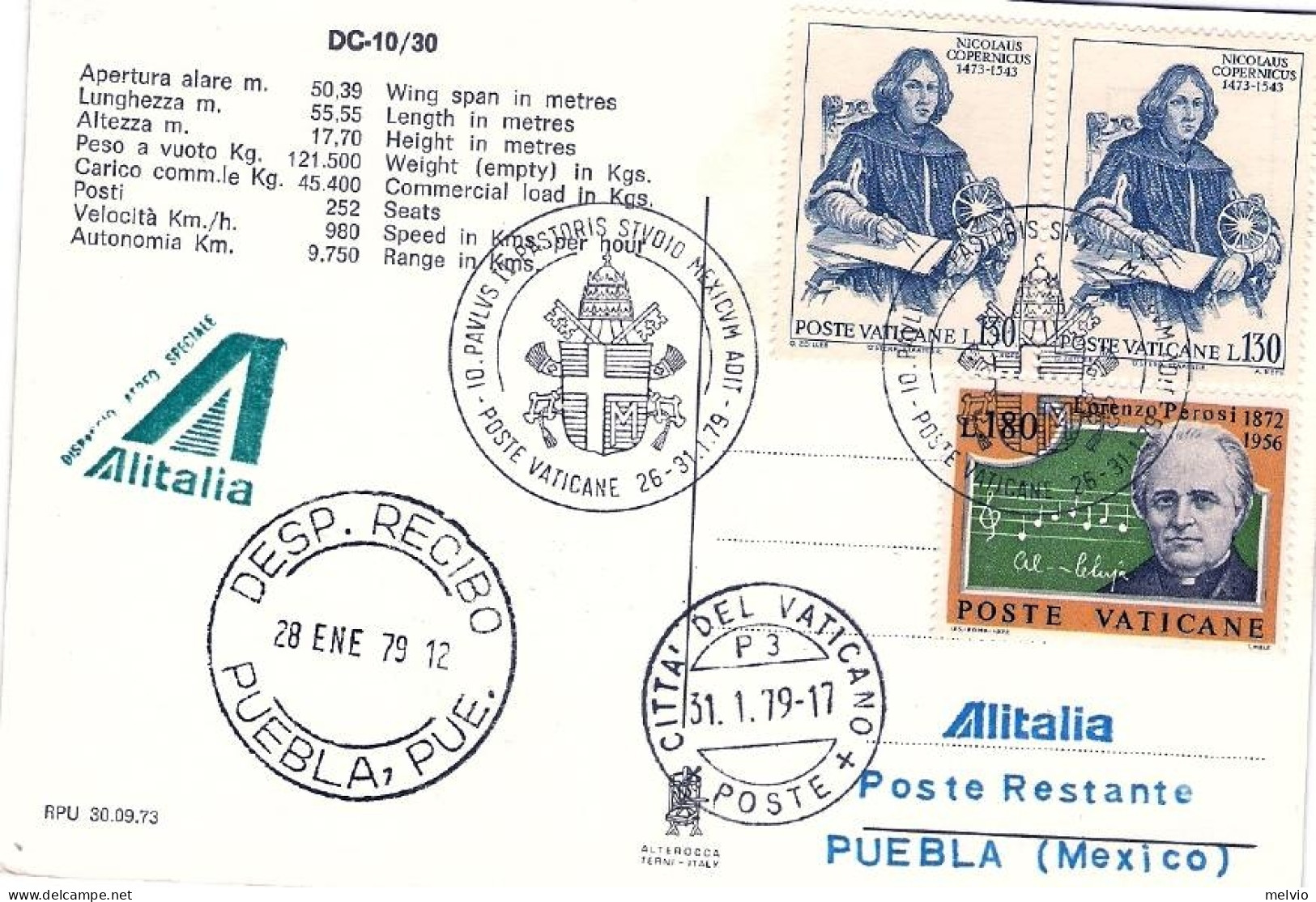 Vaticano-1979 Cartolina Alitalia DC 10/30 Dispaccio Aereo Speciale Vaticano Pueb - Luchtpost